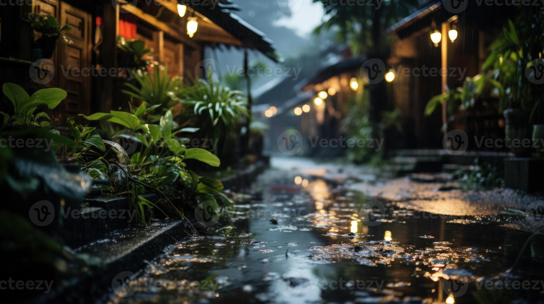 A small, rustic pathway with lights reflecting off of a puddle after a light rain shower. photo