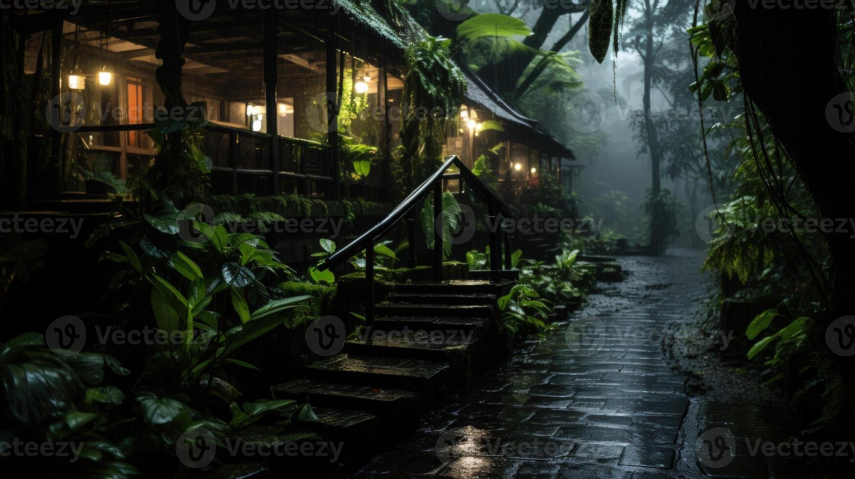 A stone path leading to a dimly lit cabin in the rainforest. photo