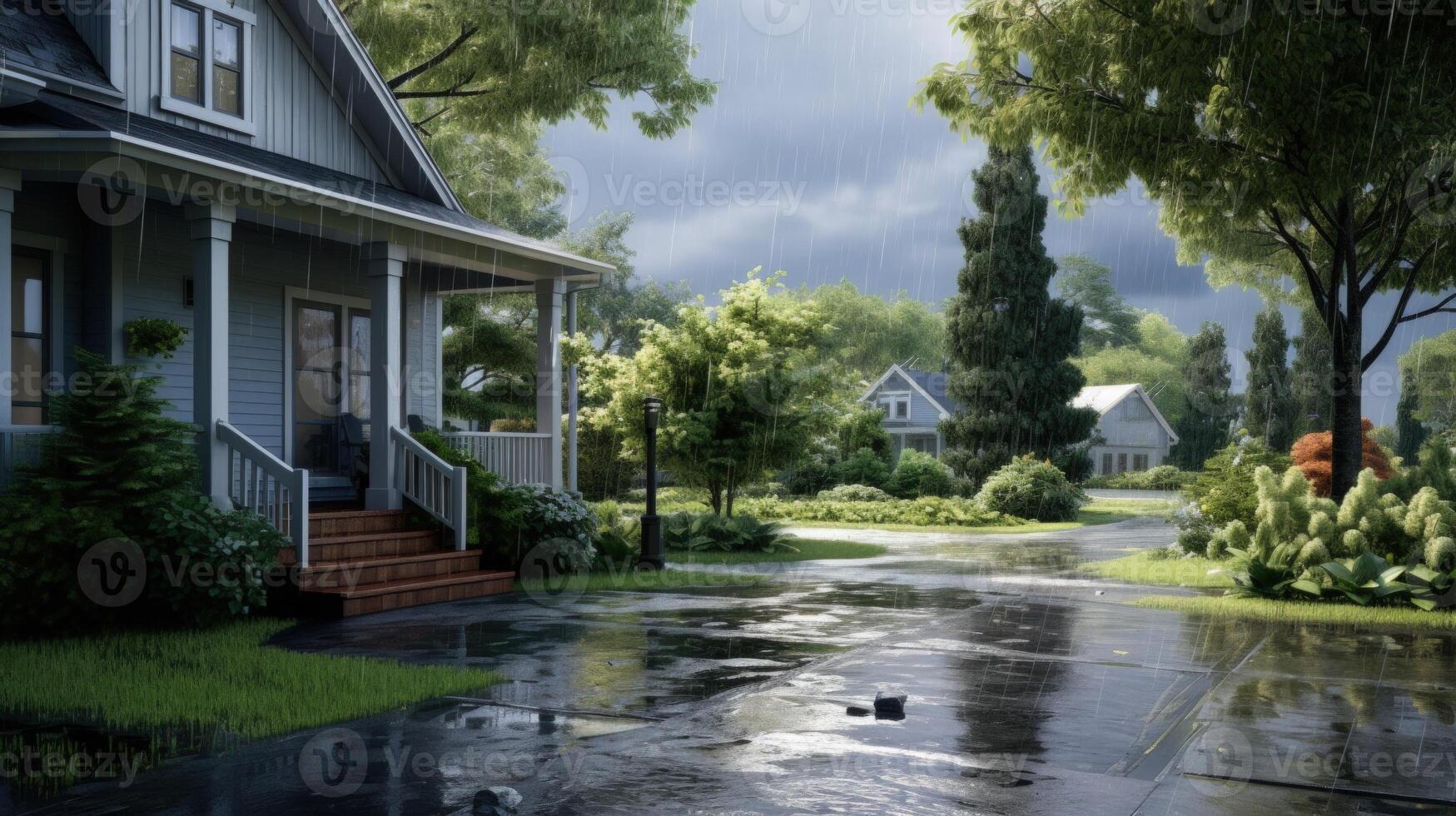 A suburban home with a porch and a front yard, drenched in the rain. The driveway and sidewalk are flooded with water and puddles. photo