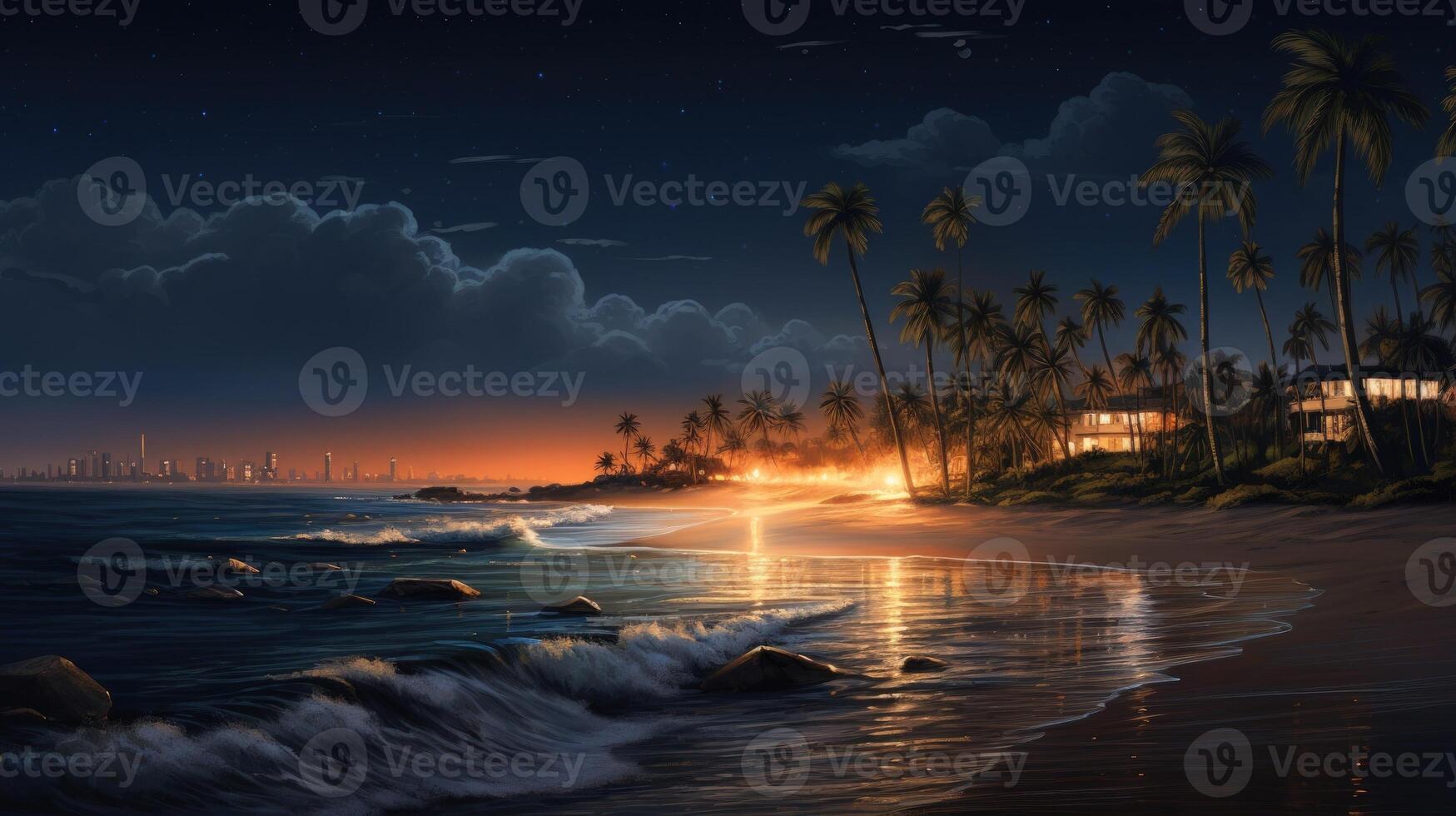 A tranquil beach scene with palm trees and a cityscape in the distance at sunset. photo