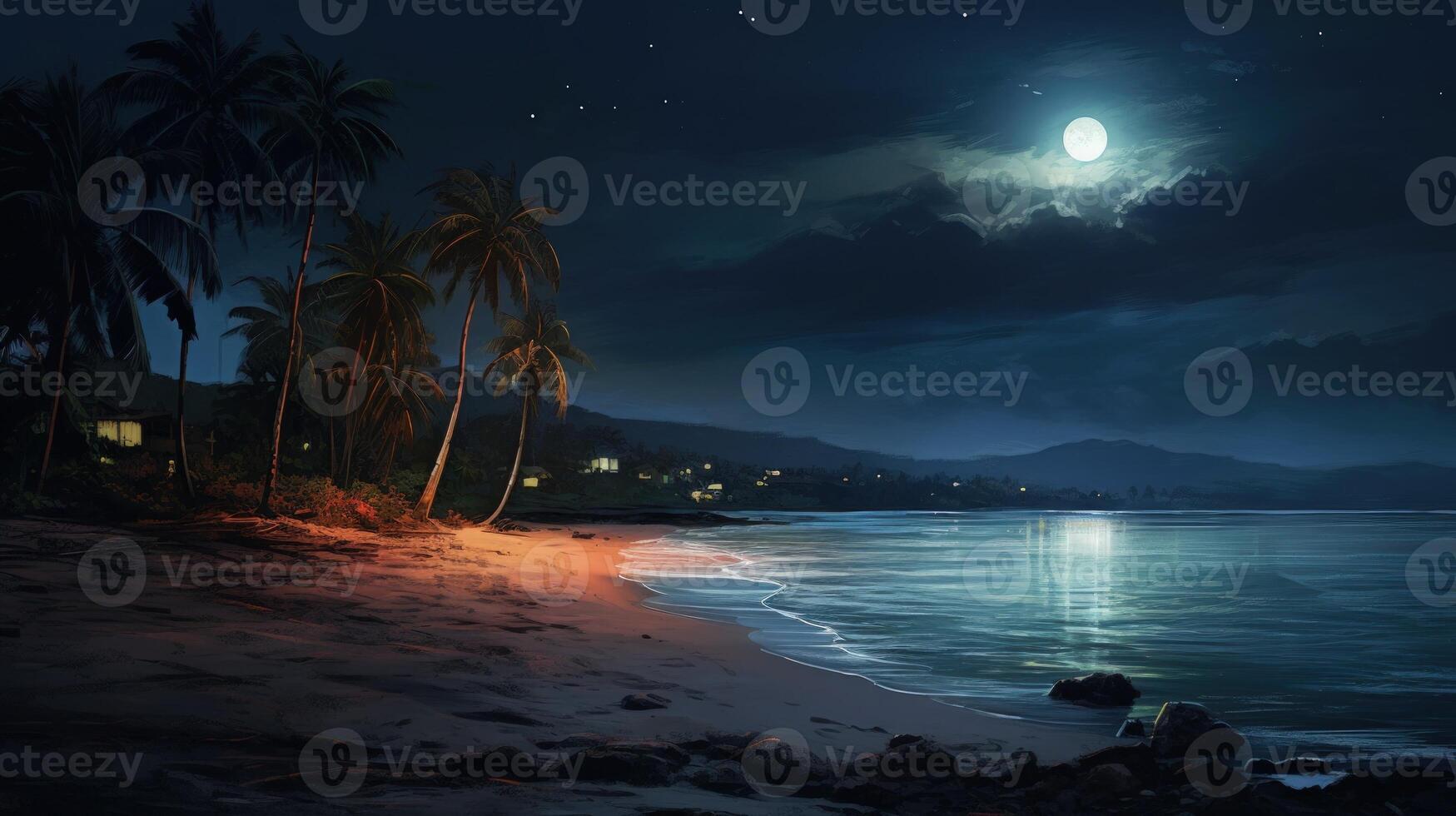 A tranquil beach scene at night with palm trees, a full moon, and the ocean. photo