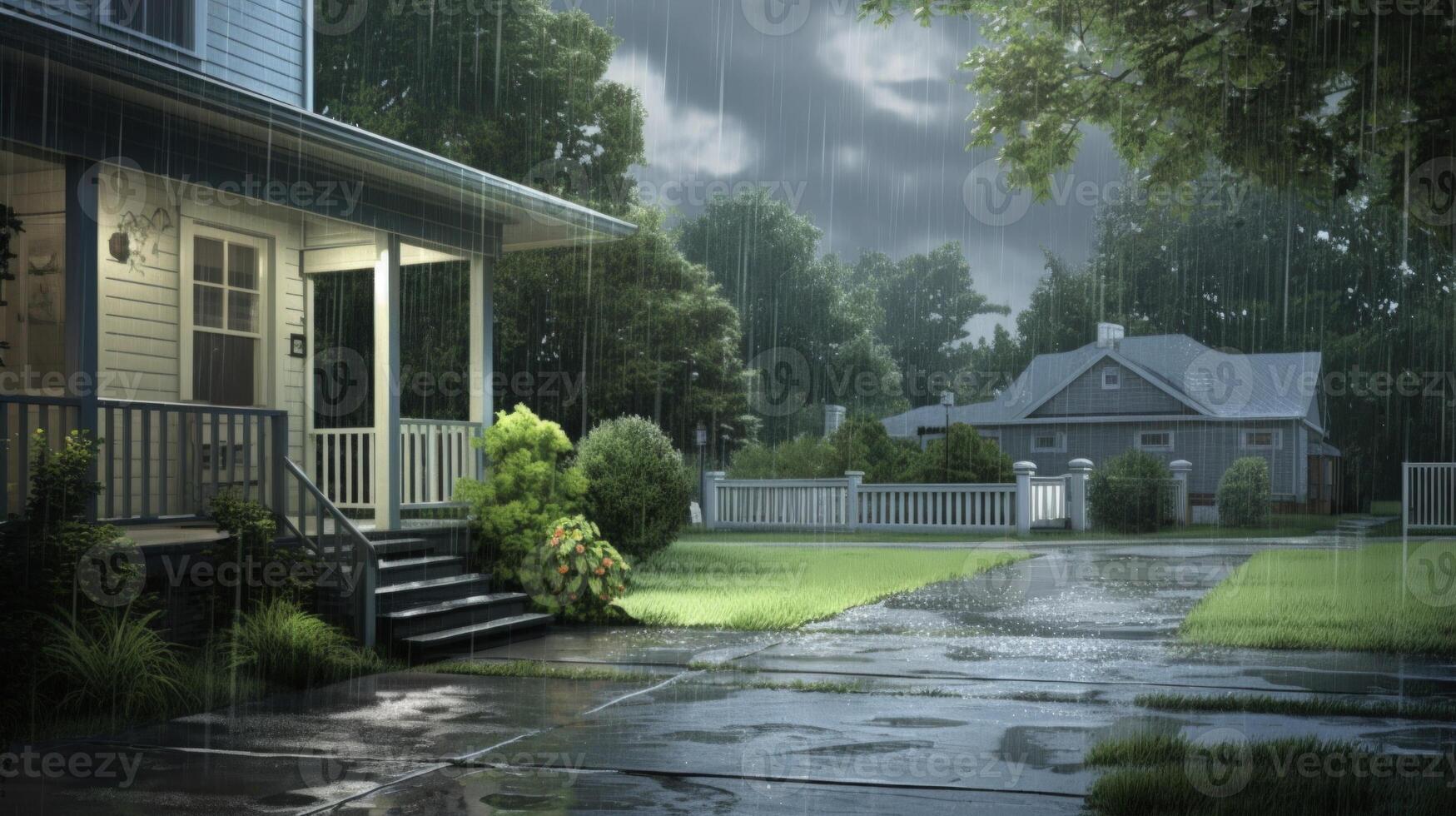 A suburban home with a porch in a rainstorm. The rain is coming down hard, and the sidewalk is wet and glistening. photo