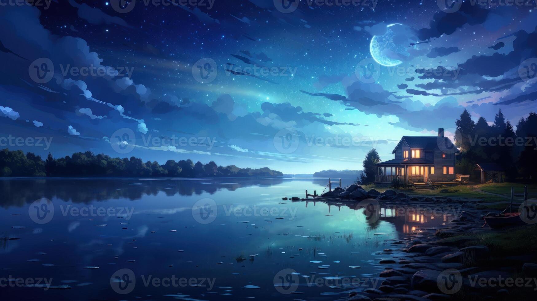 A tranquil cottage sits on the lakeshore under a moonlit sky with stars, surrounded by trees and reflected in the still water. photo