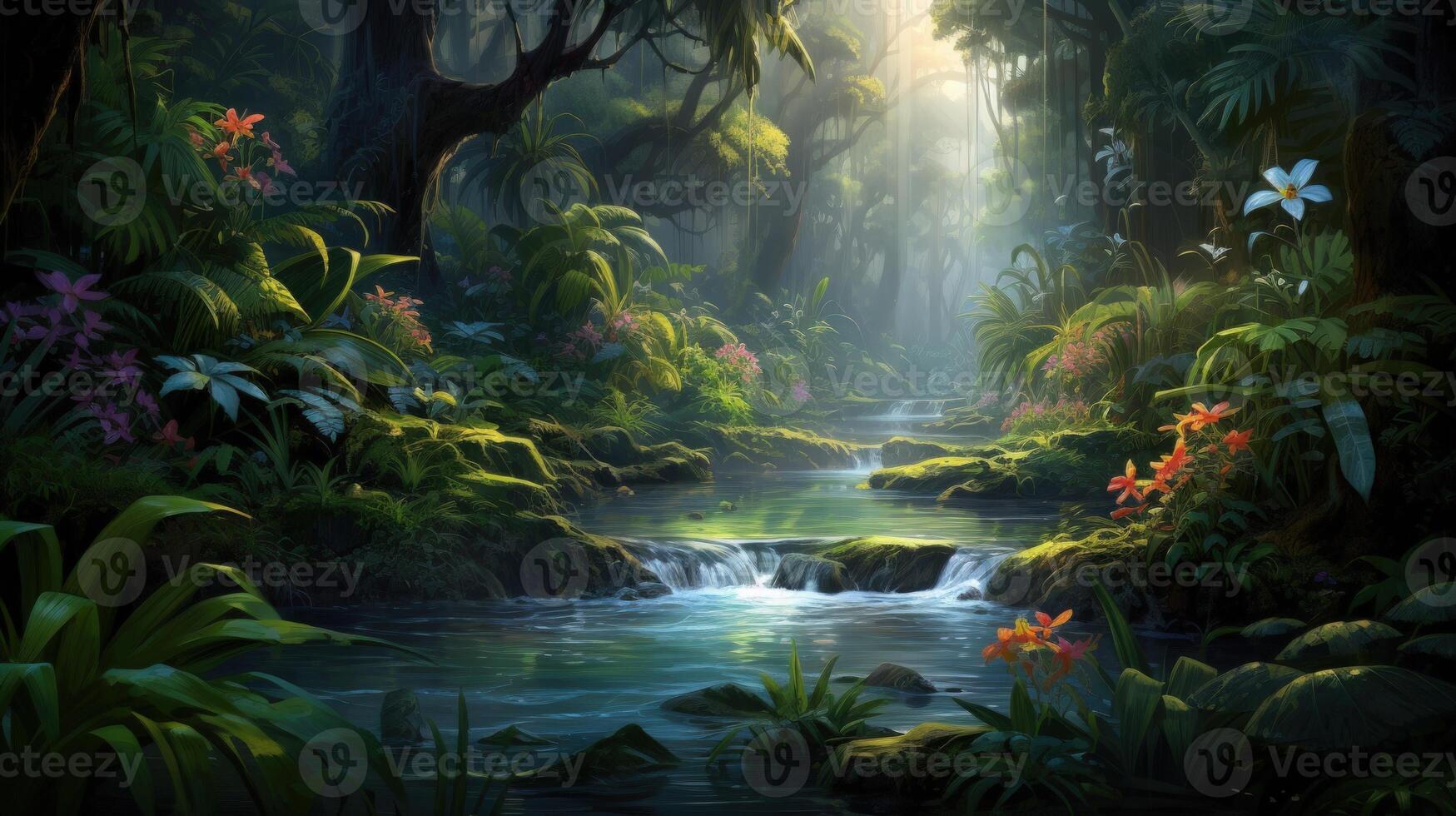 A tranquil stream flows through a lush, tropical rainforest, bathed in soft sunlight that filters through the dense canopy. photo