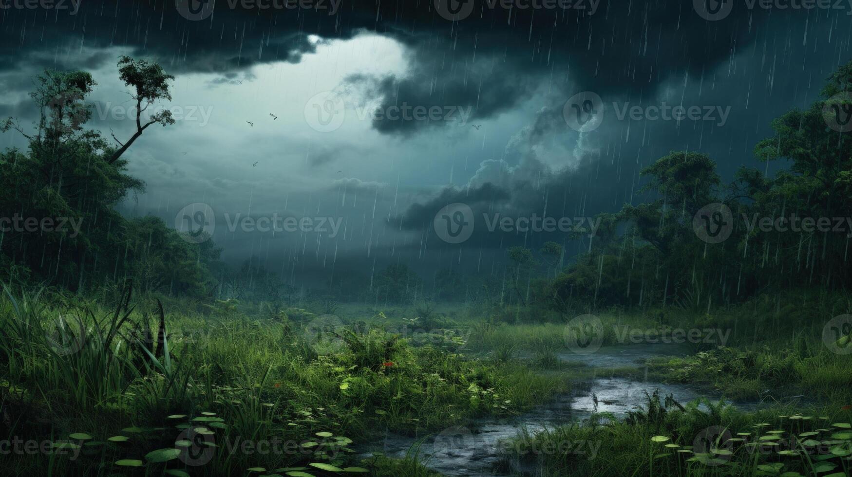 A tranquil stream in a lush forest under a stormy sky with rain falling down. photo