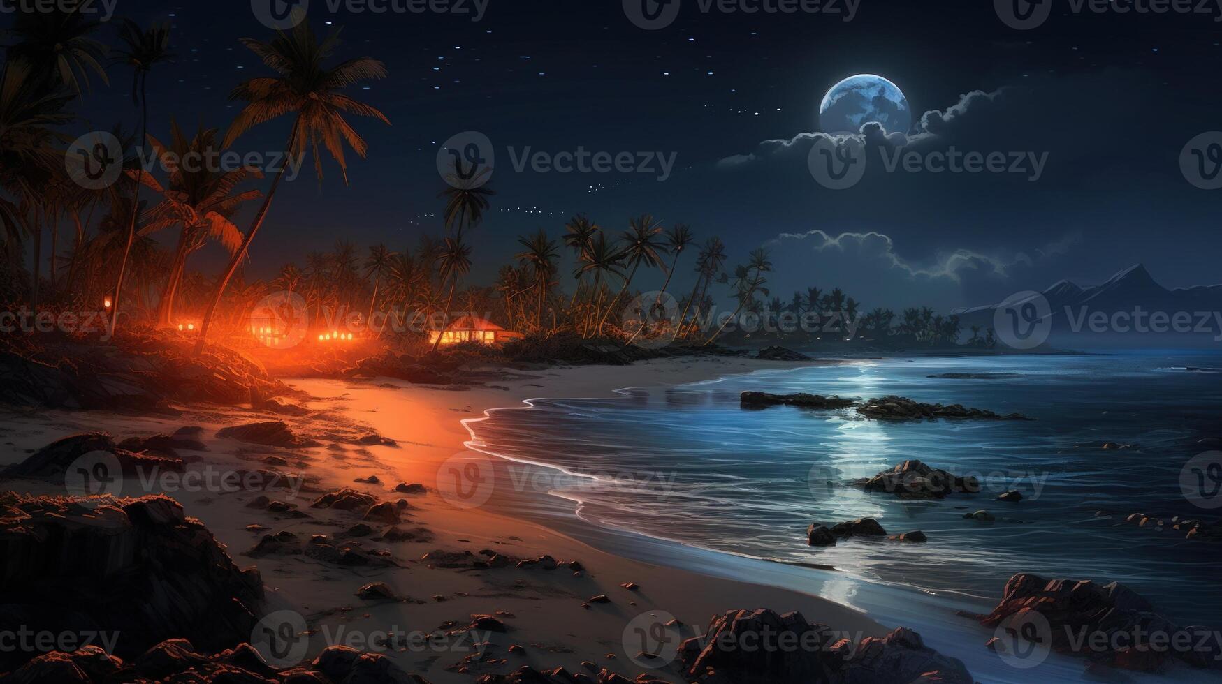 A tropical beach at night with palm trees, a full moon, and a small cabin lit up by lanterns. photo