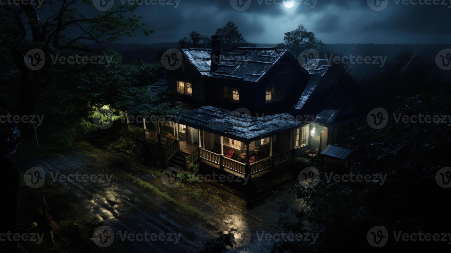 A two-story wooden house with a porch sits on a hill in the middle of a forest during a rainy night. photo