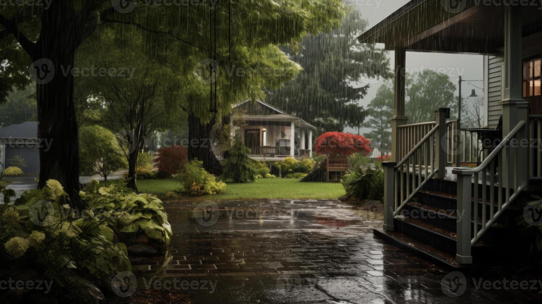 A view from a porch with a stone walkway leading to a house in the distance. Rain is falling and the yard is lush and green. photo