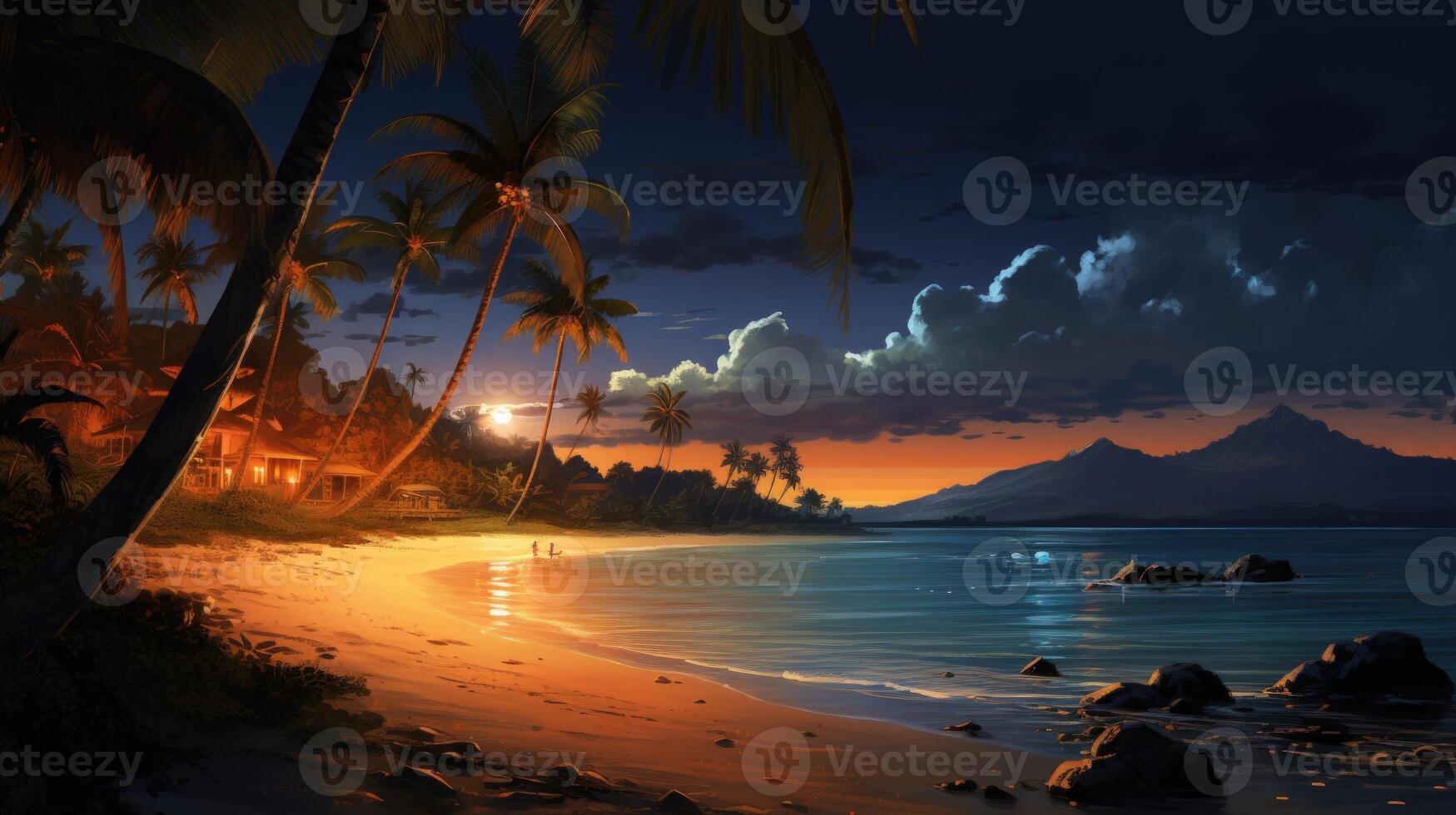 A tropical beach scene with palm trees, a hut on the shore, and a sunset over the mountains in the distance. photo