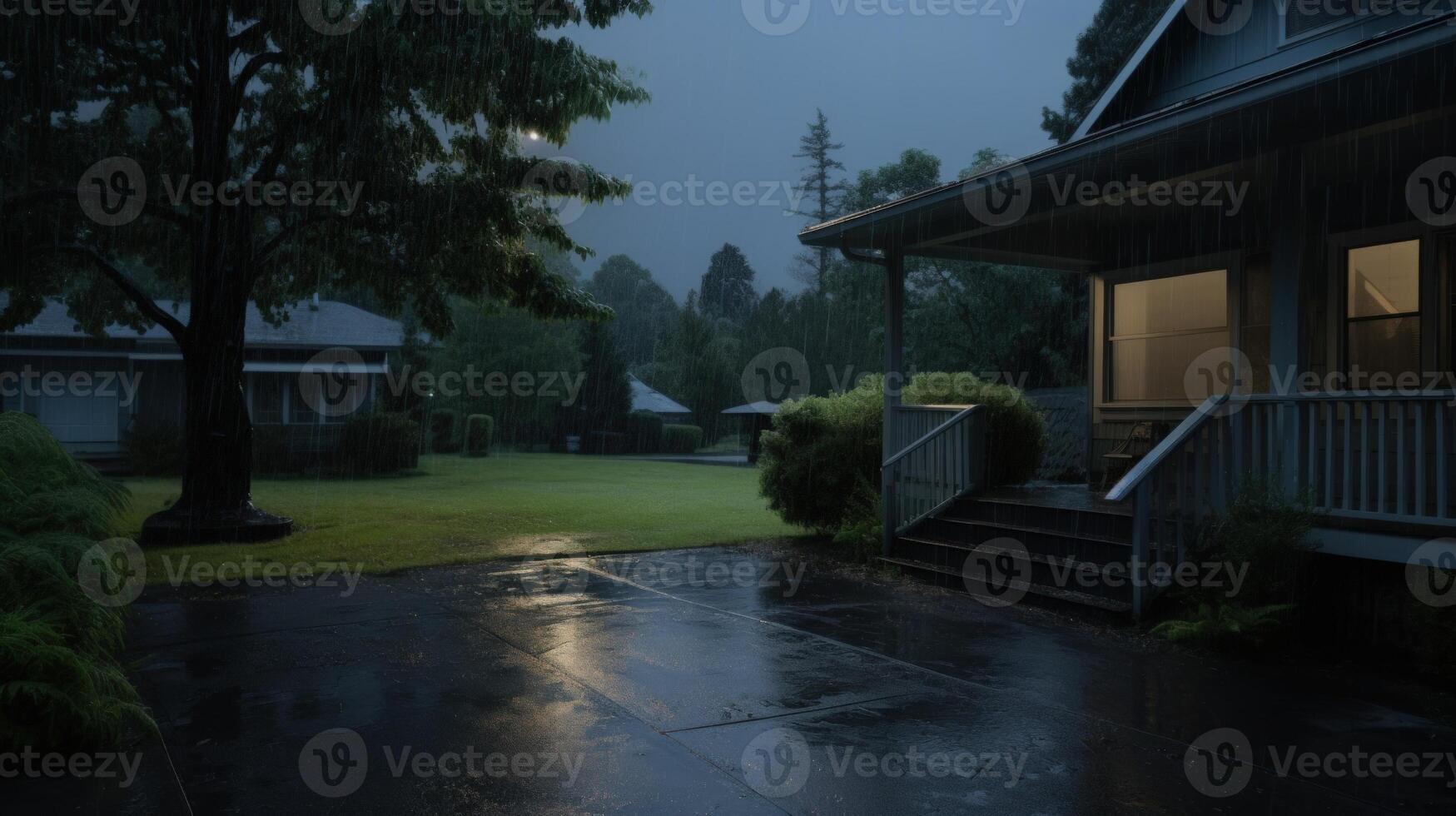 A view of a house porch with a yard and a driveway in the rain. The image was taken at dusk with a soft light coming from the windows. photo