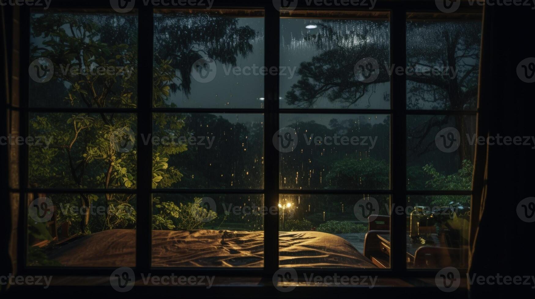 A view from a window at night of a bed in the dark with rain drops on the window pane and lights outside. photo