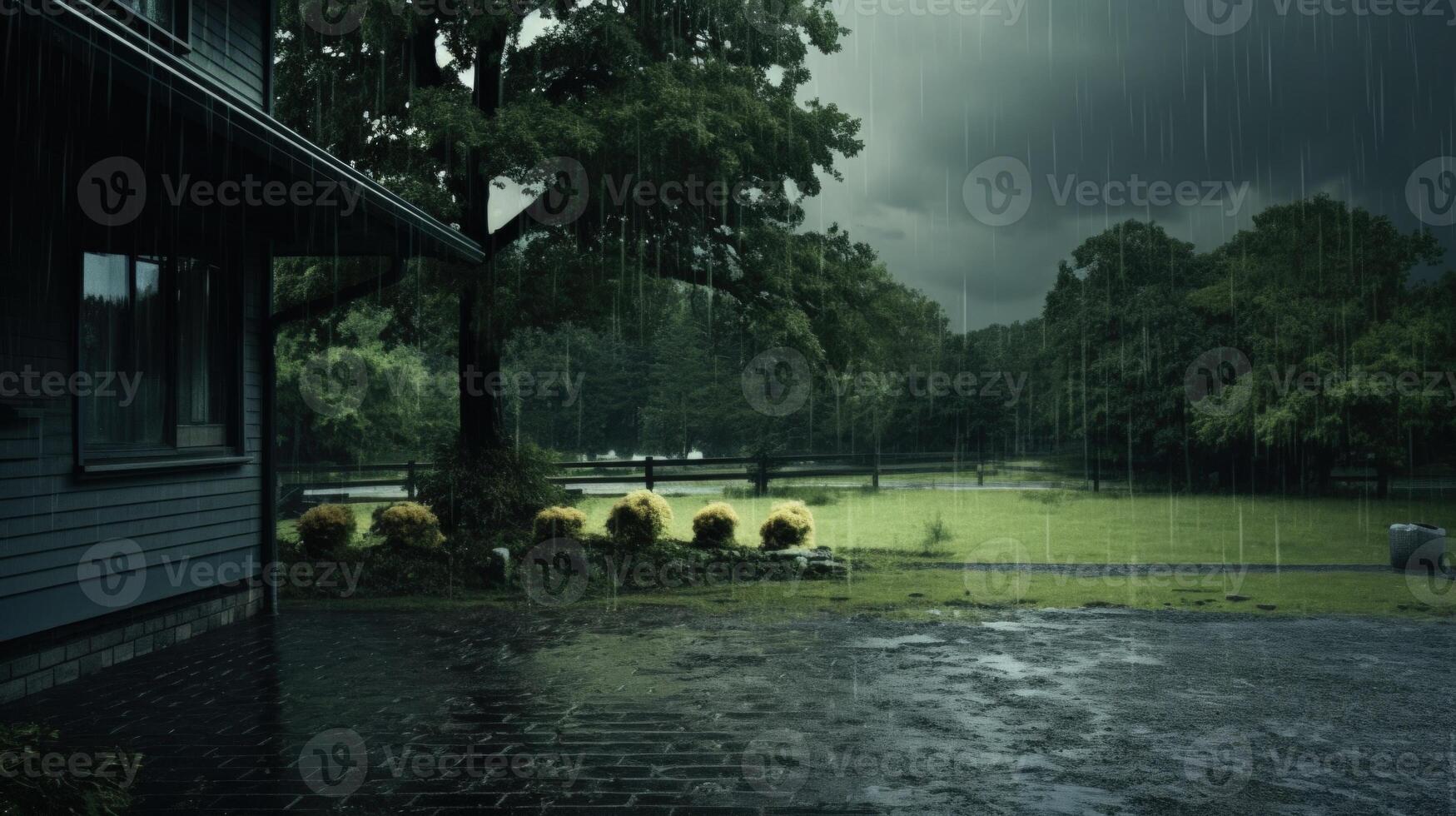 A view from a house porch during a heavy rainstorm with lush green trees. photo