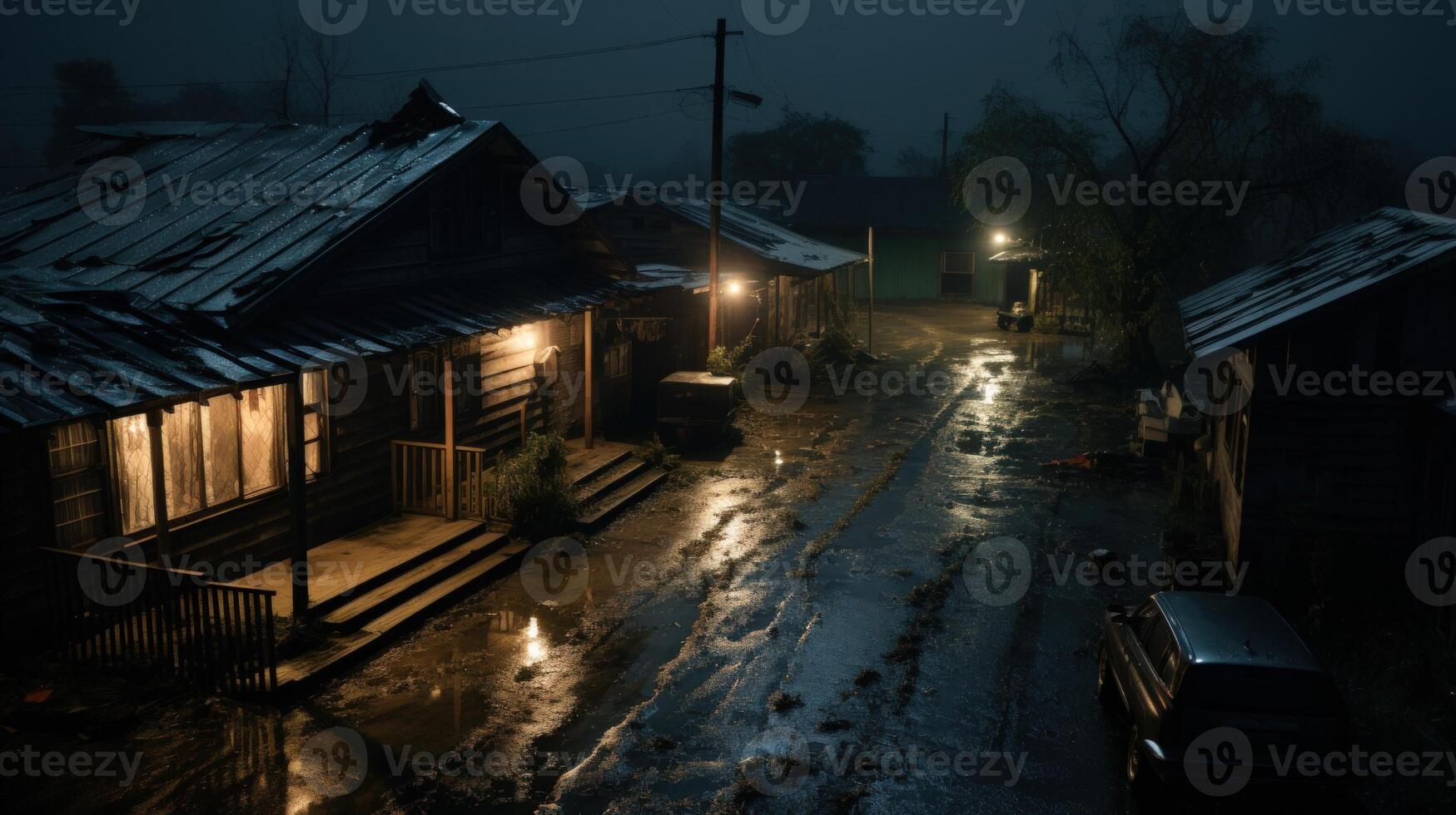 A view of a wet road and small wooden houses in a foggy, dimly lit alley at night. photo