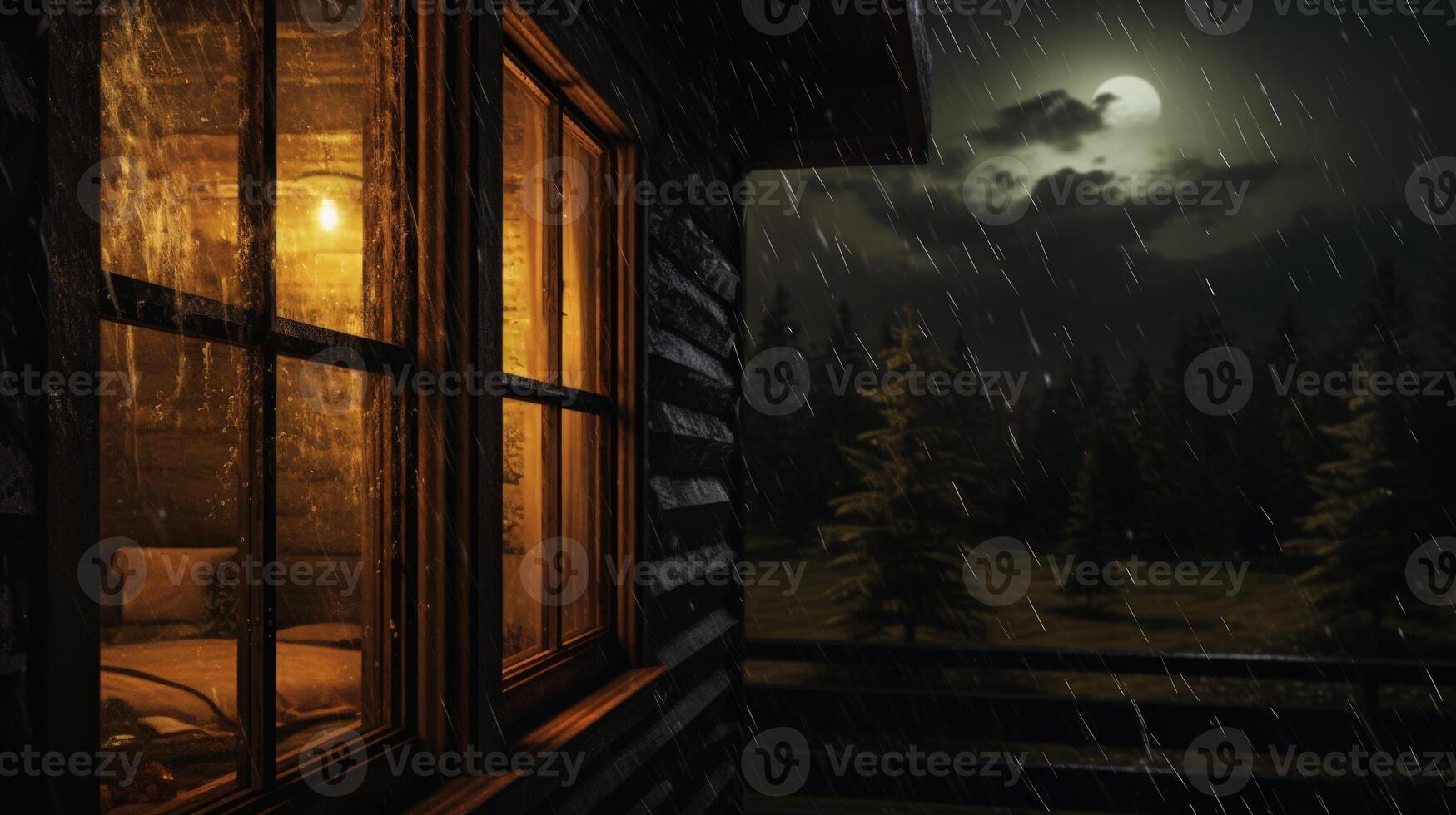 A warm glow emanates from a window in a wooden cabin as rain falls on a moonlit night. photo