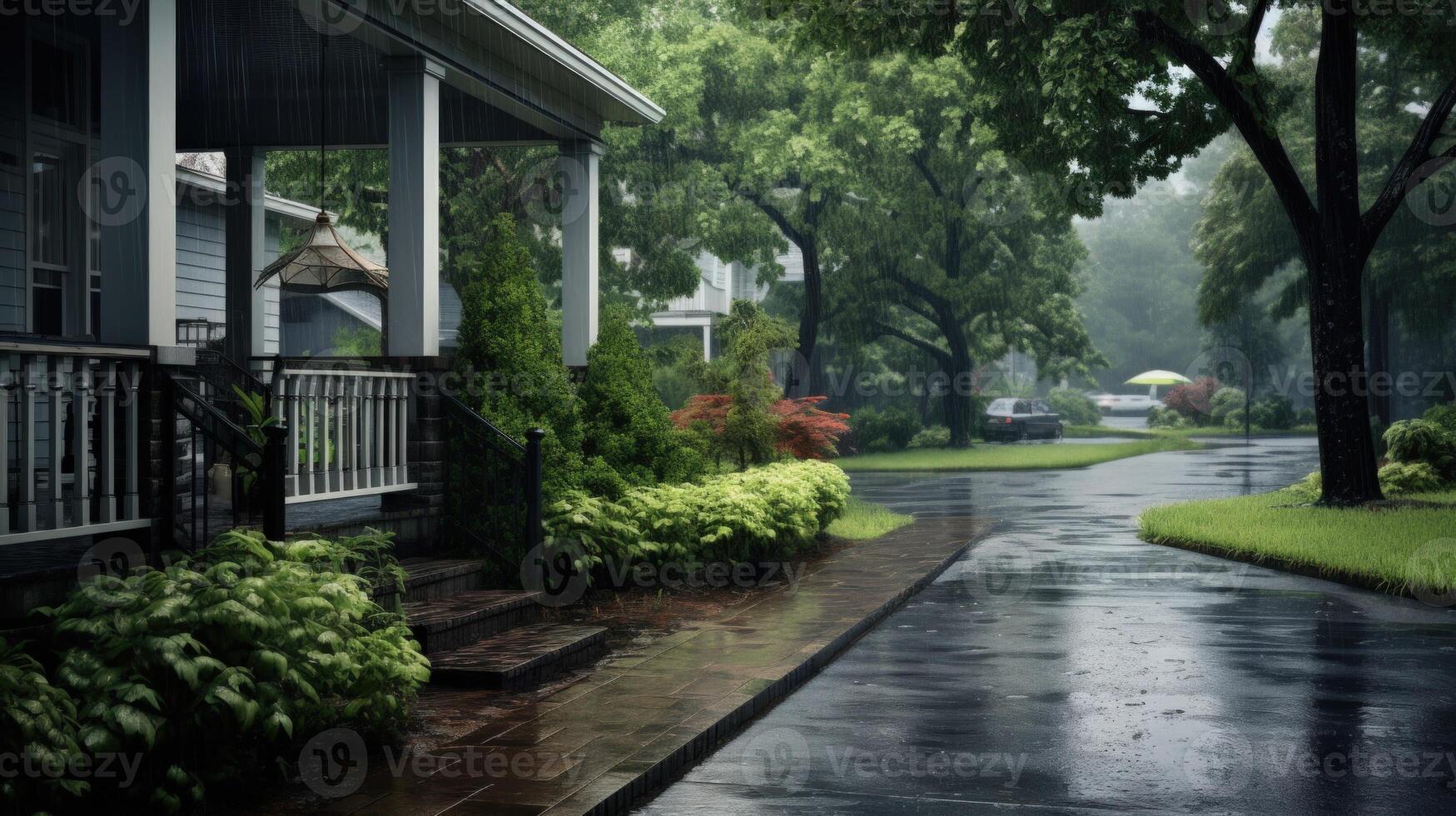 un ver de un suburbano casa con un porche y pasos líder abajo a un mojado entrada de coches, debajo un pesado tormenta de lluvia. foto