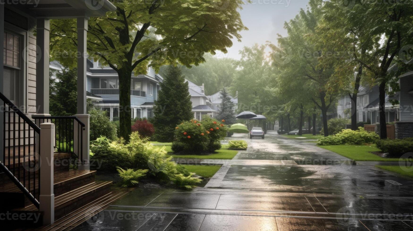 A view of a wet suburban street after a light rain shower. photo