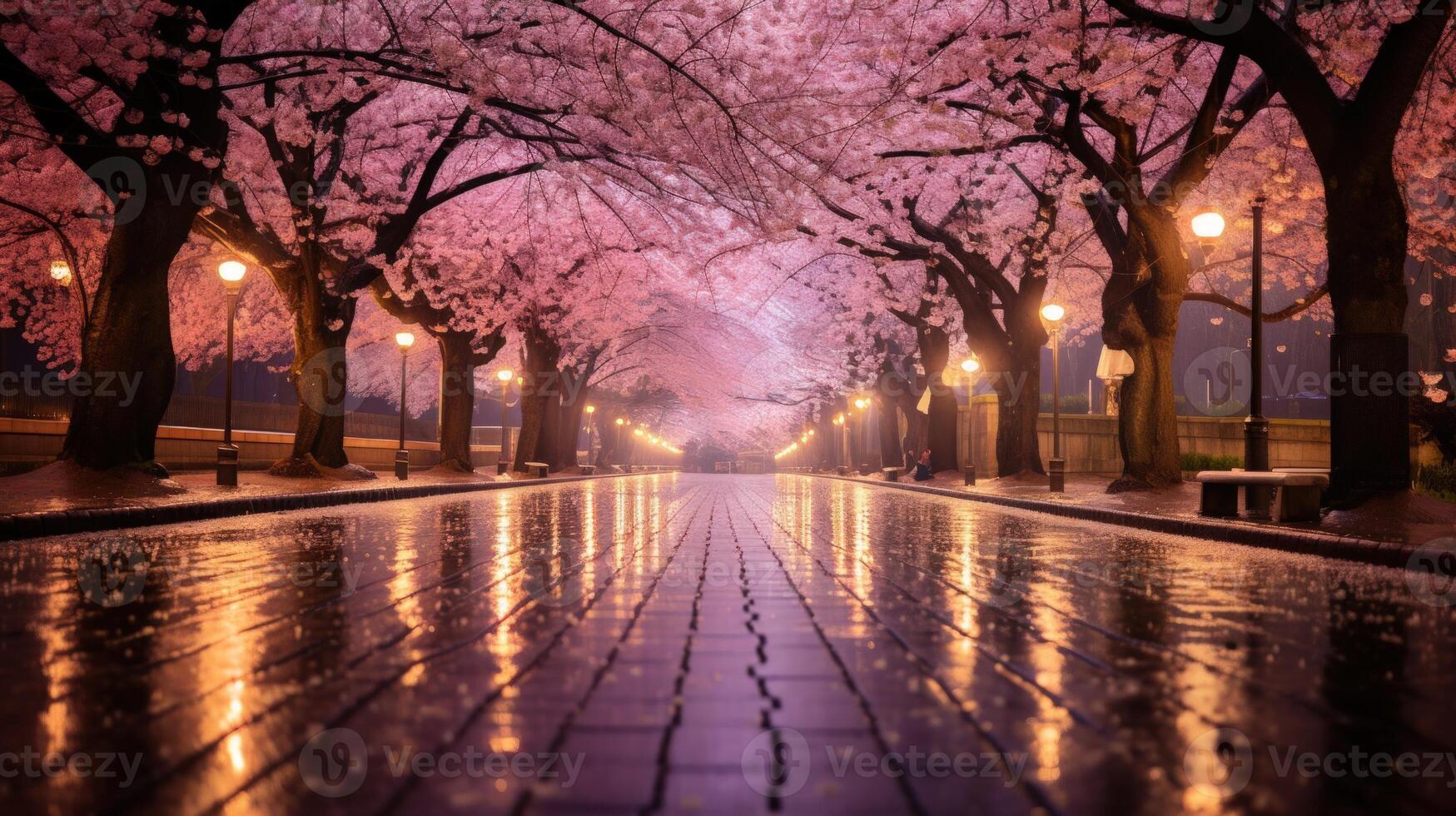 A wet cobblestone path lined with cherry blossom trees in the rain.  The trees' blossoms create a canopy overhead as streetlights reflect off of the wet stones. photo