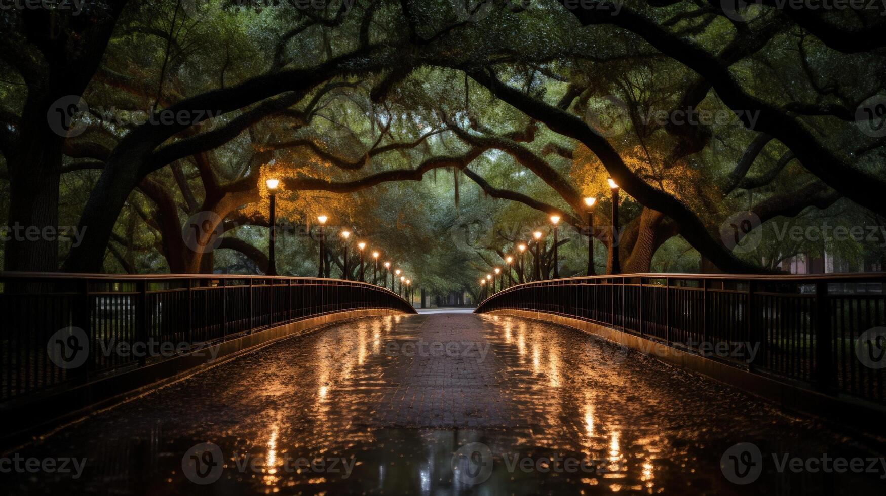 A wet cobblestone path lined with streetlights leads under a canopy of trees. photo