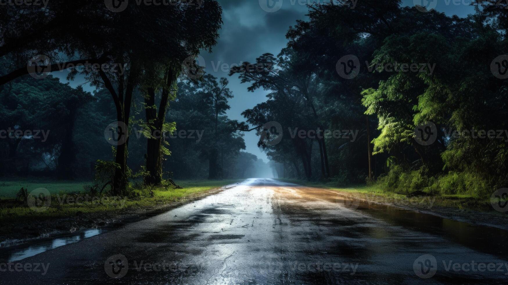 A wet asphalt road stretches through a dense forest under a cloudy sky, with faint headlights in the distance. photo