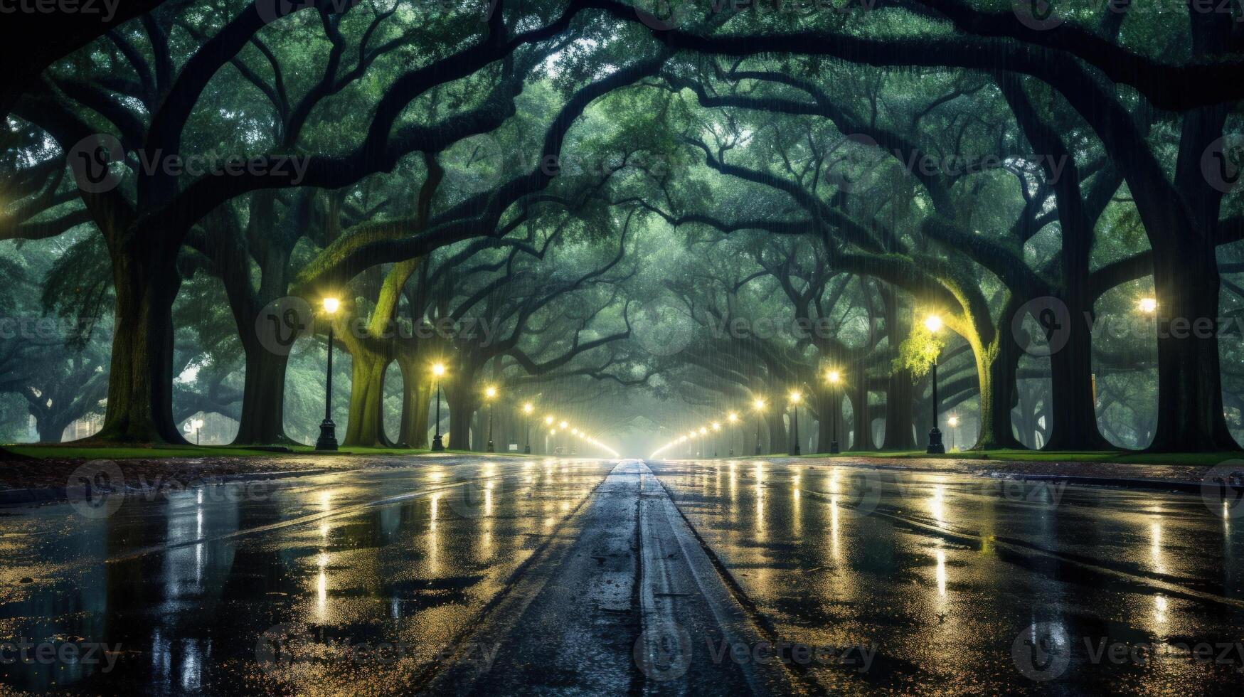A wet asphalt road lined with trees with rain falling through the canopy at dusk. photo