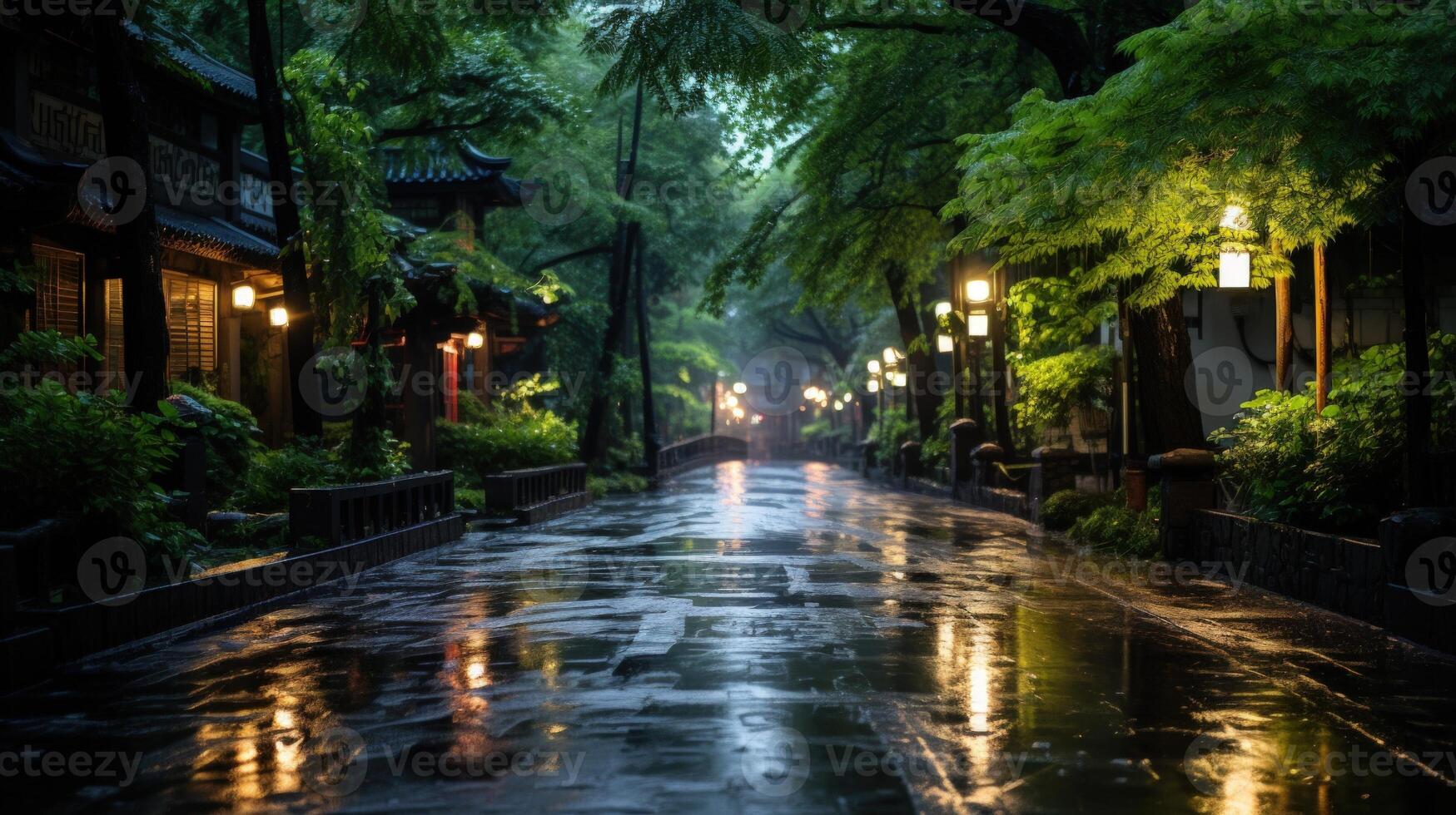 A wet cobblestone path in a lush, green garden with trees, shrubs, and illuminated street lamps, creating a calm, peaceful atmosphere. photo