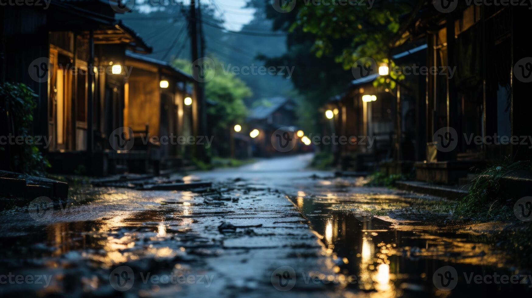 A wet cobblestone street in a small village, lit by warm street lamps. photo