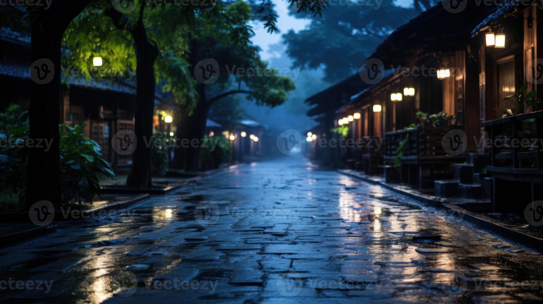 A wet cobblestone street lit by lanterns in a dimly lit town at night. photo