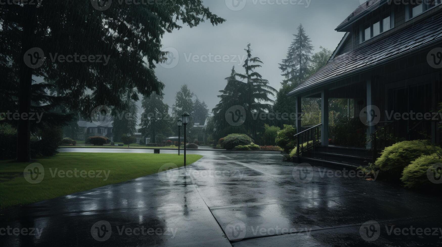 A wet driveway leading to a house with a porch in a neighborhood on a rainy day. photo
