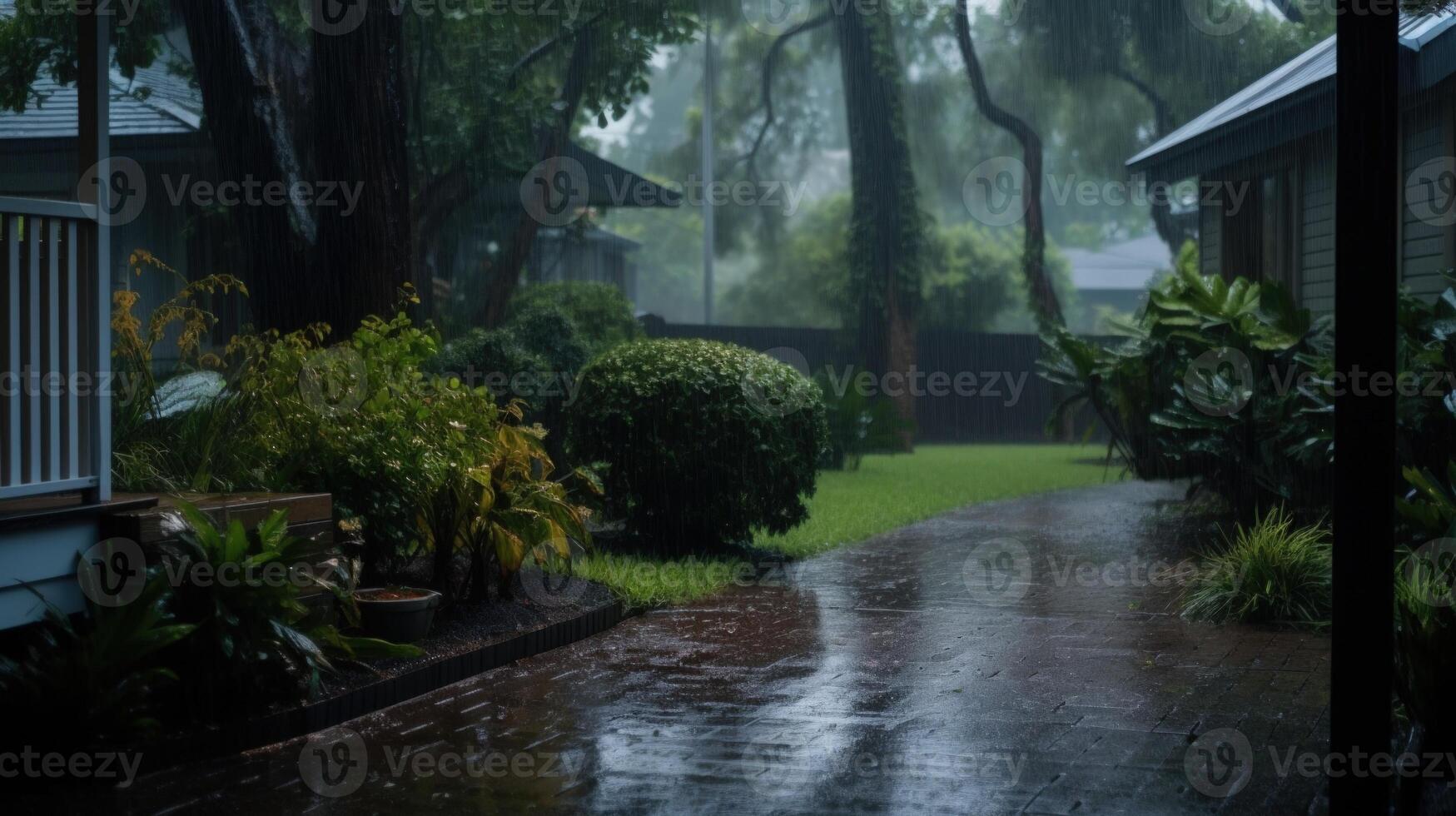 A wet patio with a house in the background, surrounded by lush greenery and rain falling. photo