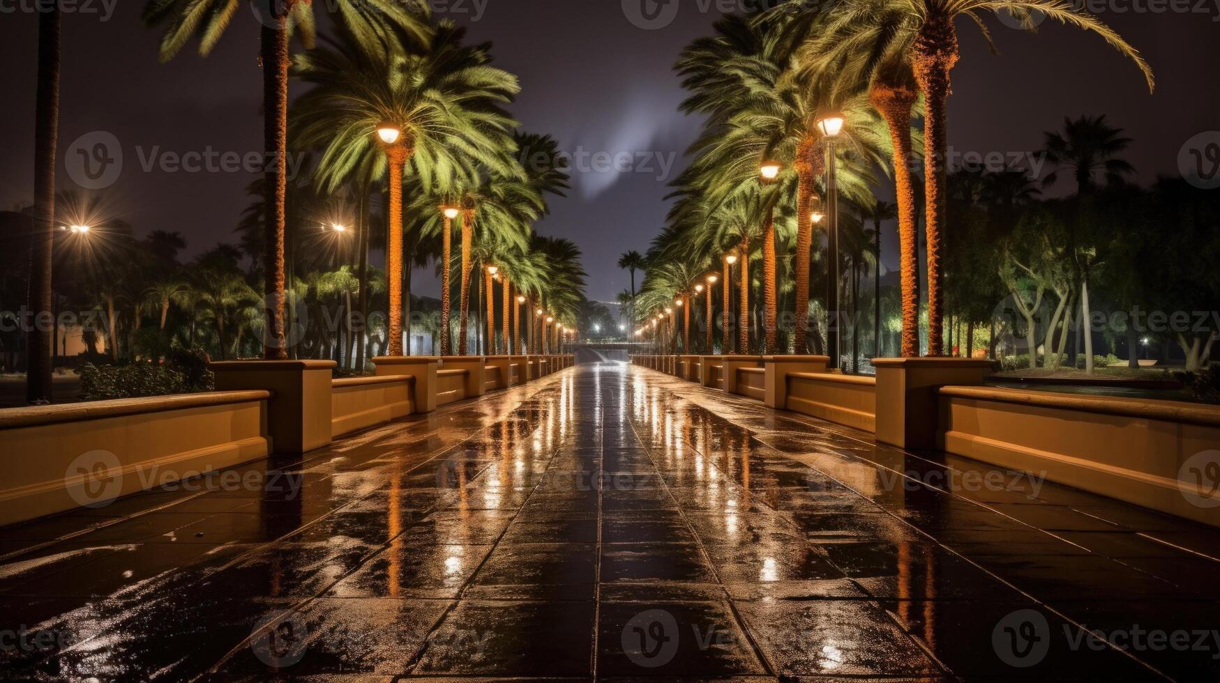 A wet pathway lined with palm trees and lit by streetlights at night. photo