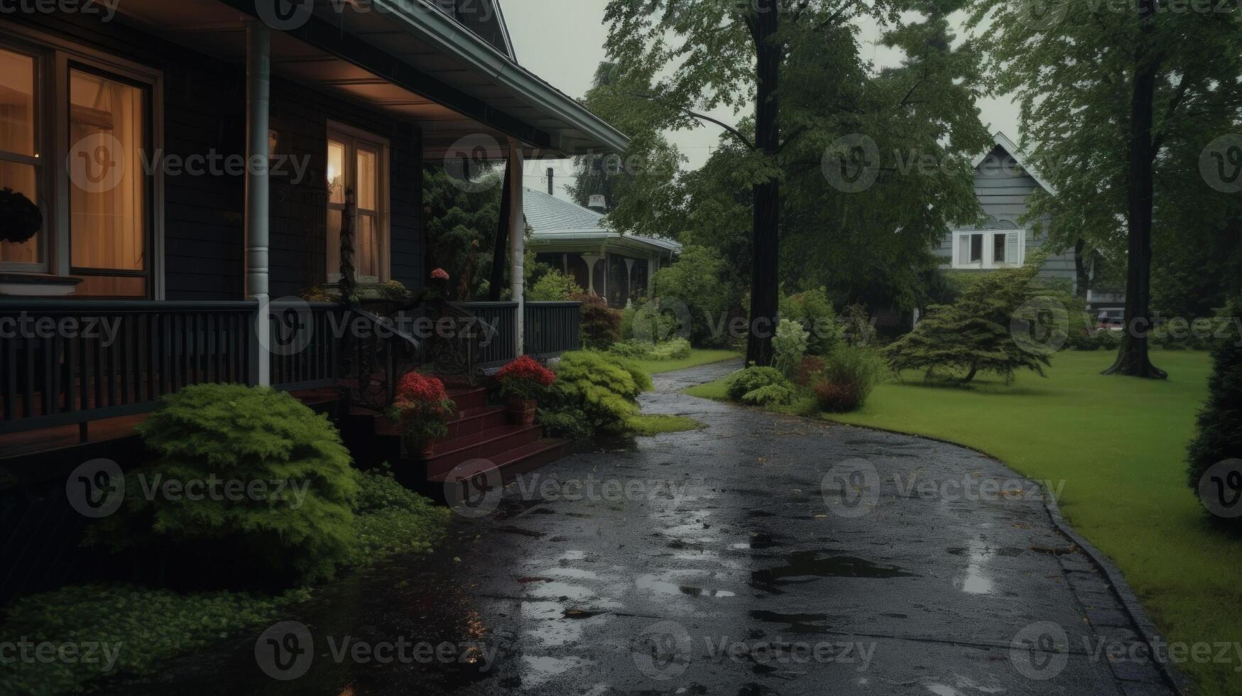 A wet porch with dark gray siding, a red wooden staircase and a path leading through a lush green yard with a view of a house with light brown siding. photo