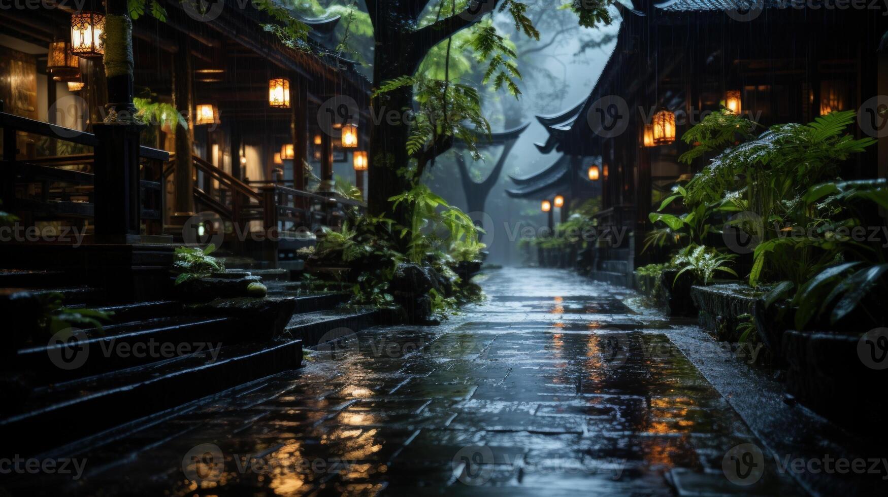 A wet stone pathway in a Chinese garden with a row of lanterns lining the path.  The trees are dripping with rain and the path reflects the light of the lanterns. photo