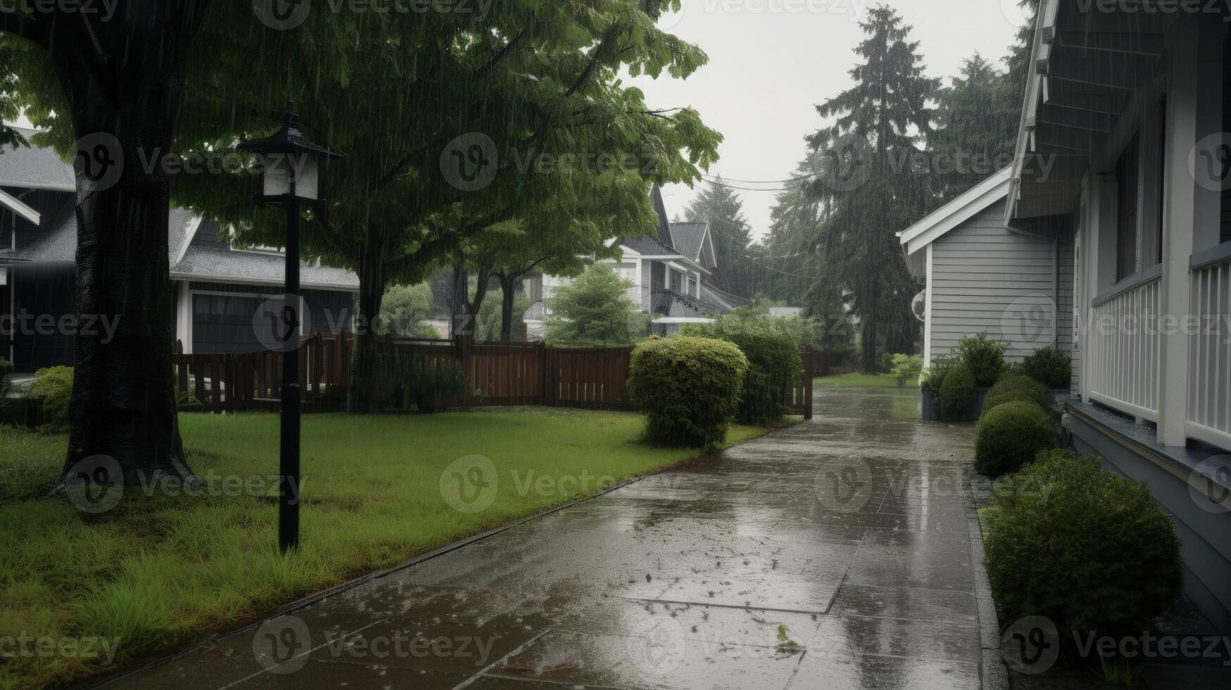 A wet sidewalk in front of a house during a rainy day. photo