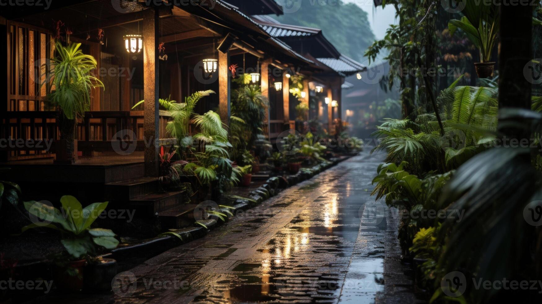 A wet stone pathway leads through a tropical village with traditional wooden houses and lush greenery lit by warm lanterns. photo