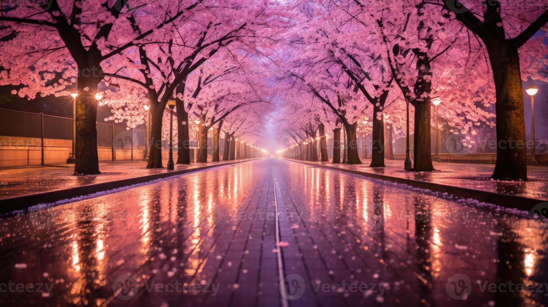 A wet street lined with cherry blossom trees reflects the warm glow of streetlights. photo