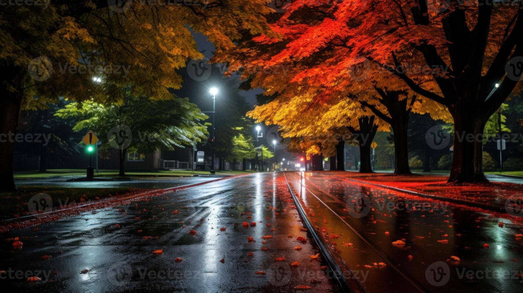 A wet street under autumn trees on a rainy night, illuminated by streetlights. photo