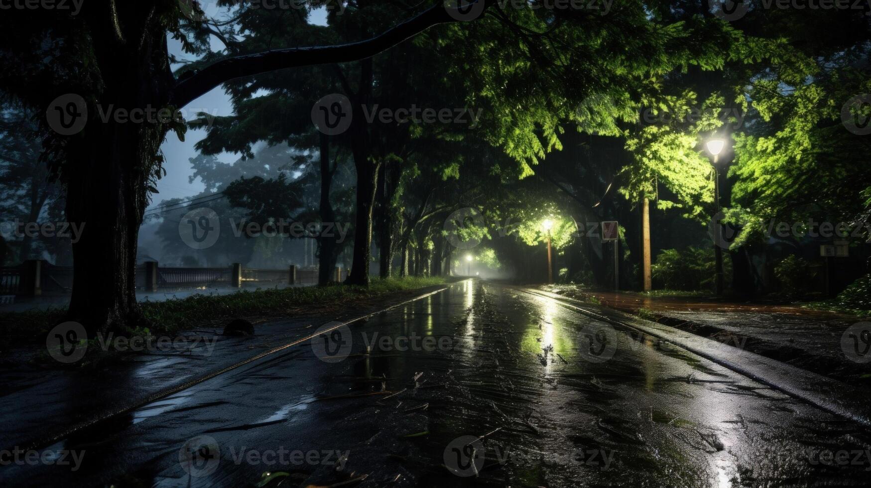 A wet, dark road stretches through a forest after a rainstorm, illuminated by streetlights. photo
