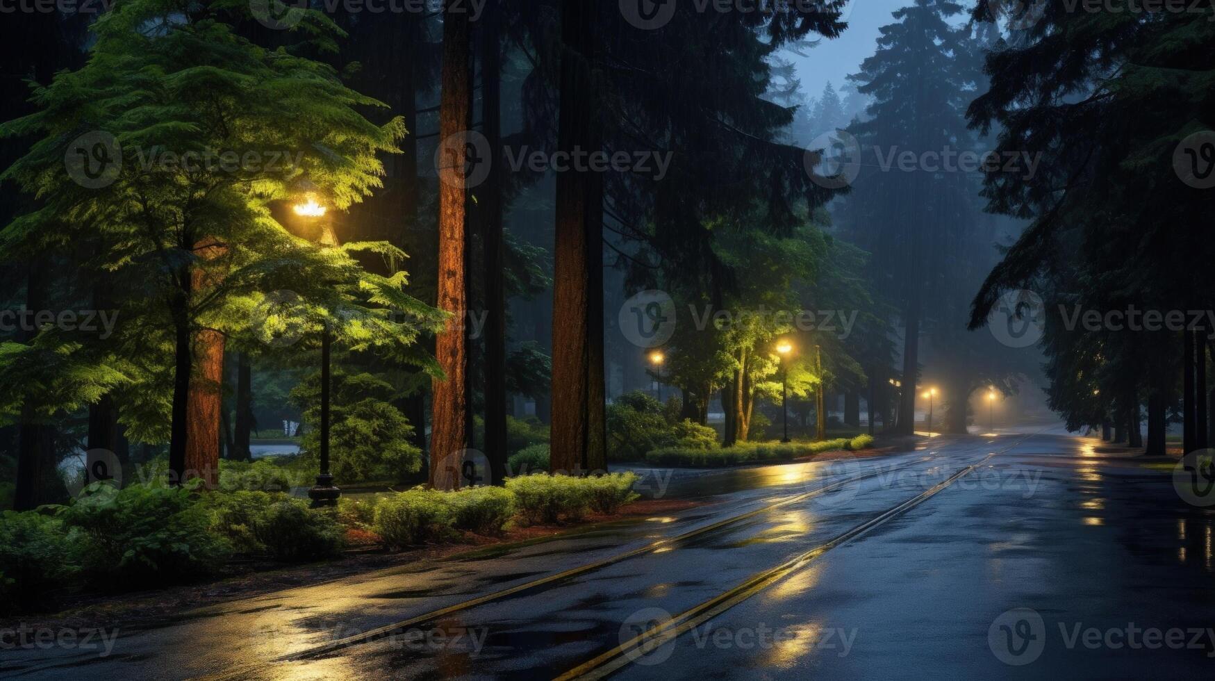 A wet, empty road winds through a misty forest with streetlights illuminating the way. photo