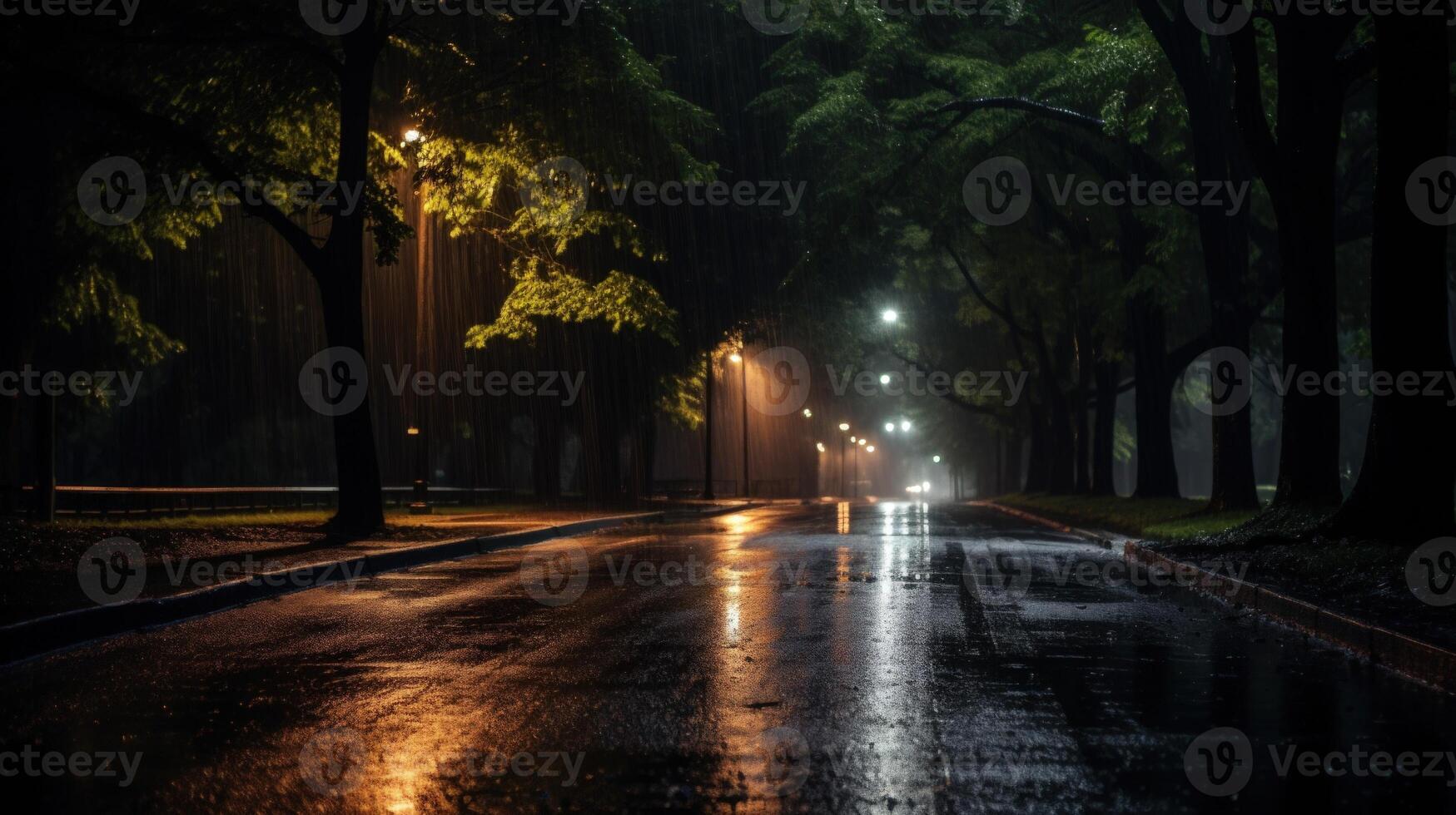 A wet, empty street at night with streetlights shining through the rain. photo