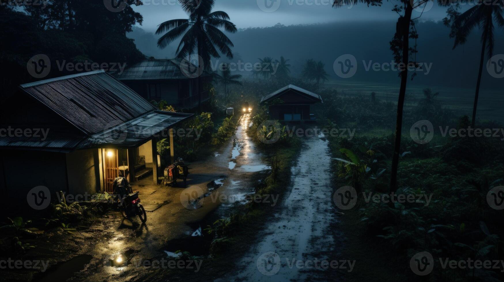 A wet, muddy path leads through a tropical jungle at night, lit by the soft glow of a porch light. photo