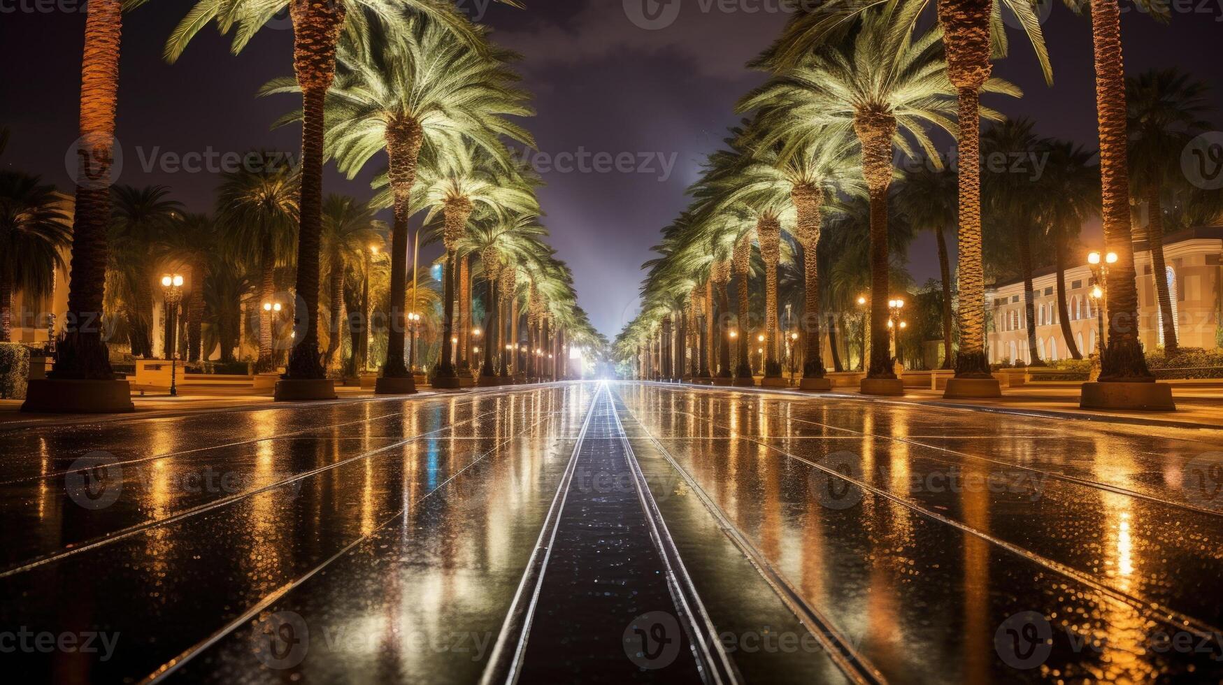 A wet, empty street lined with palm trees at night reflects the streetlights on the asphalt. photo