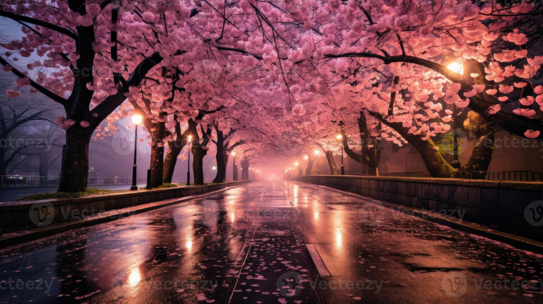 A wet, empty street lined with cherry blossom trees at dusk with street lamps shining on the pink petals falling to the ground. photo