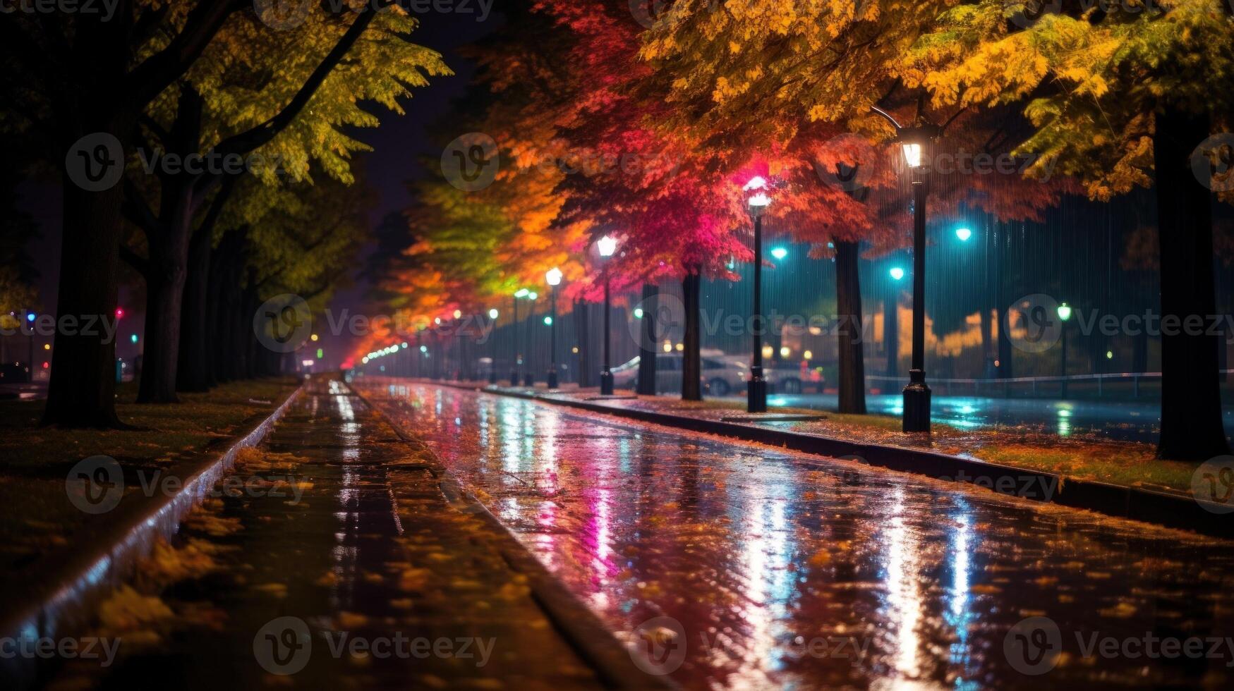 A wet, empty street with trees lit up at night.  The street is reflecting the lights of the streetlights, and the trees are lit up in a warm, autumnal light. photo