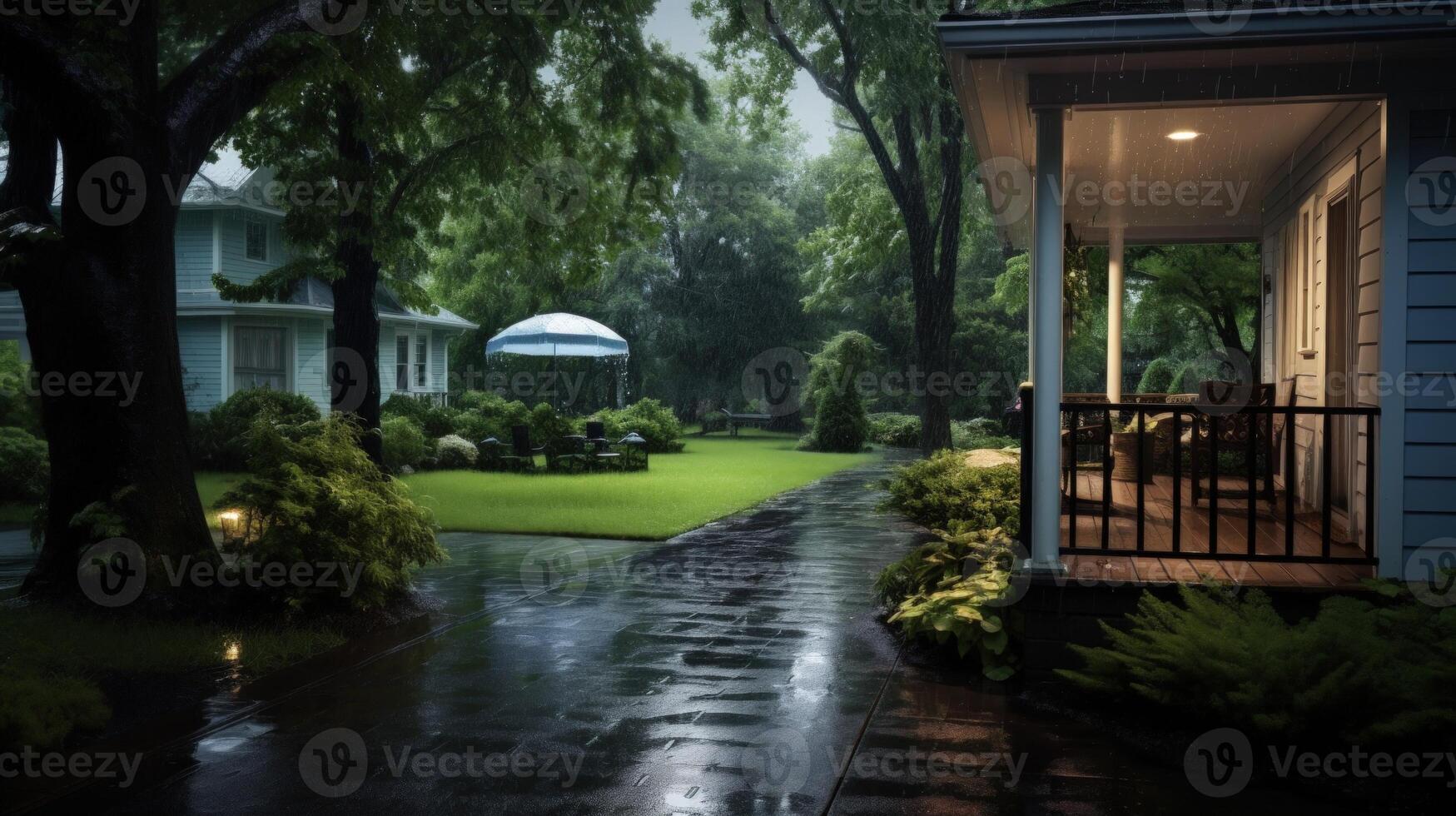 A wet, stone pathway leads to a covered porch on a rainy evening, illuminated by a porch light. photo