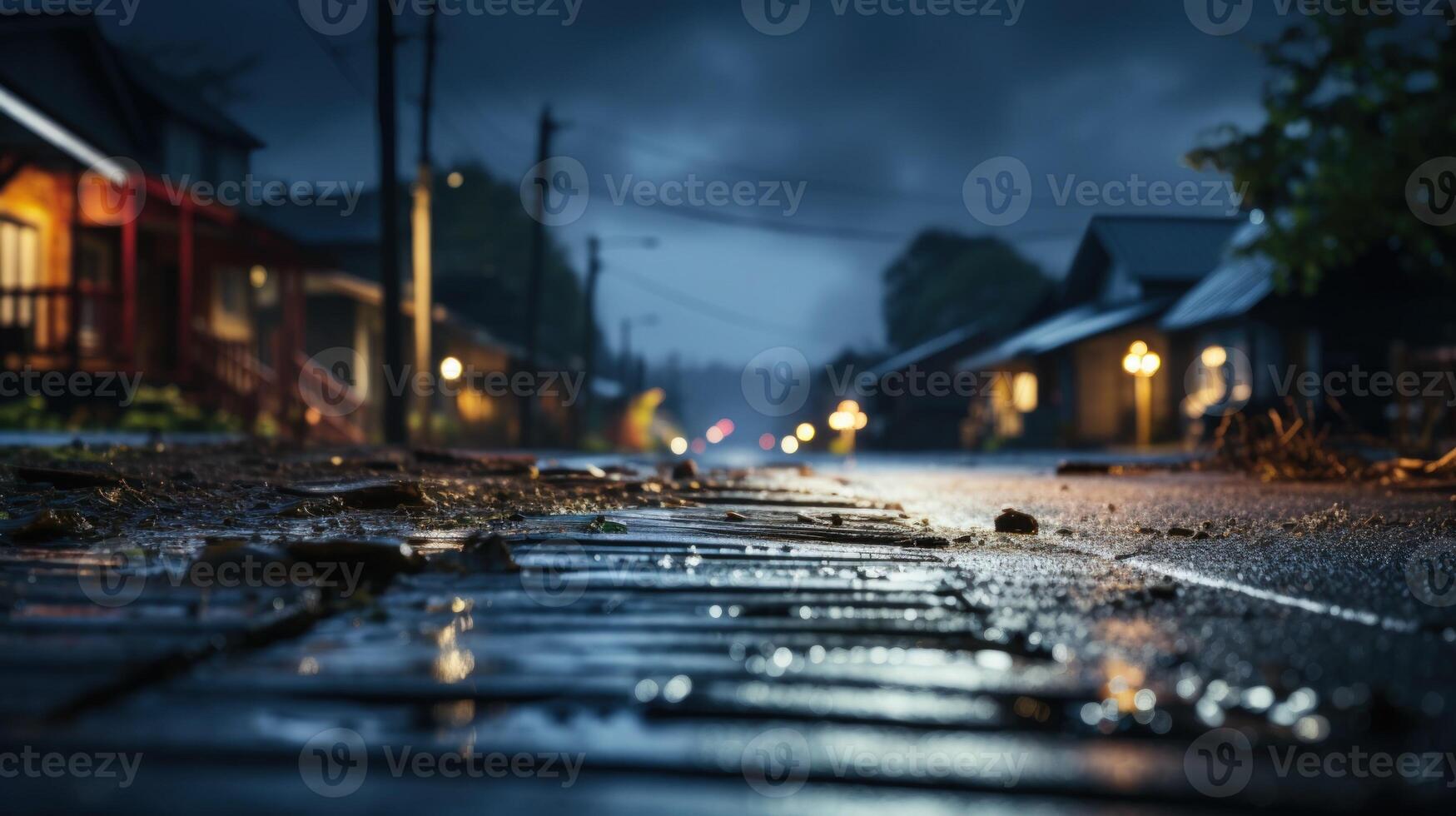 A wet, wooden sidewalk shines with reflections of the streetlights behind, which illuminate the houses along the street on a dark, cloudy night. photo