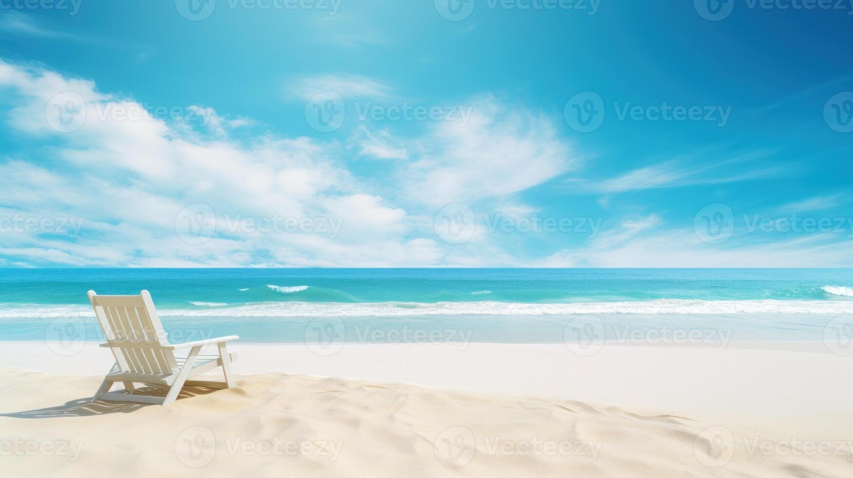 A white wooden chair sits on a sandy beach overlooking a clear blue ocean and a bright sky with white clouds. photo