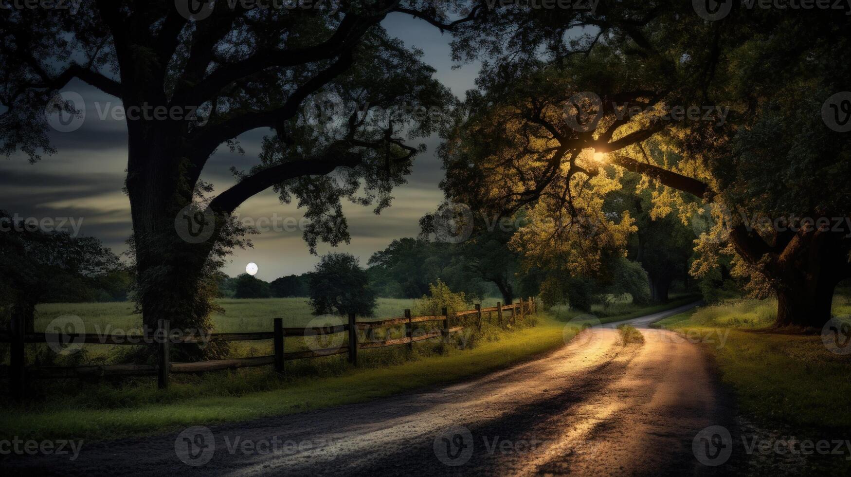 A winding dirt road leads through a forest with a full moon in the sky and a street lamp illuminating the path ahead. photo