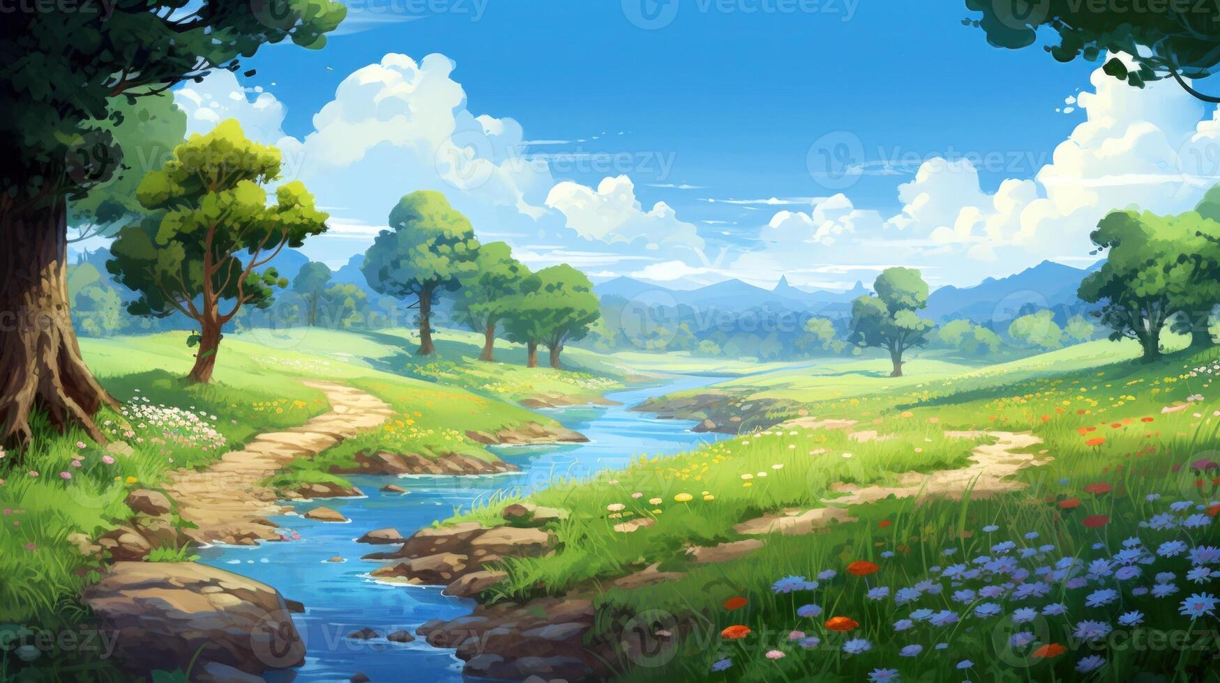 A winding path leads through a lush green meadow with a babbling brook, surrounded by trees and mountains in the distance under a clear blue sky with puffy clouds. photo