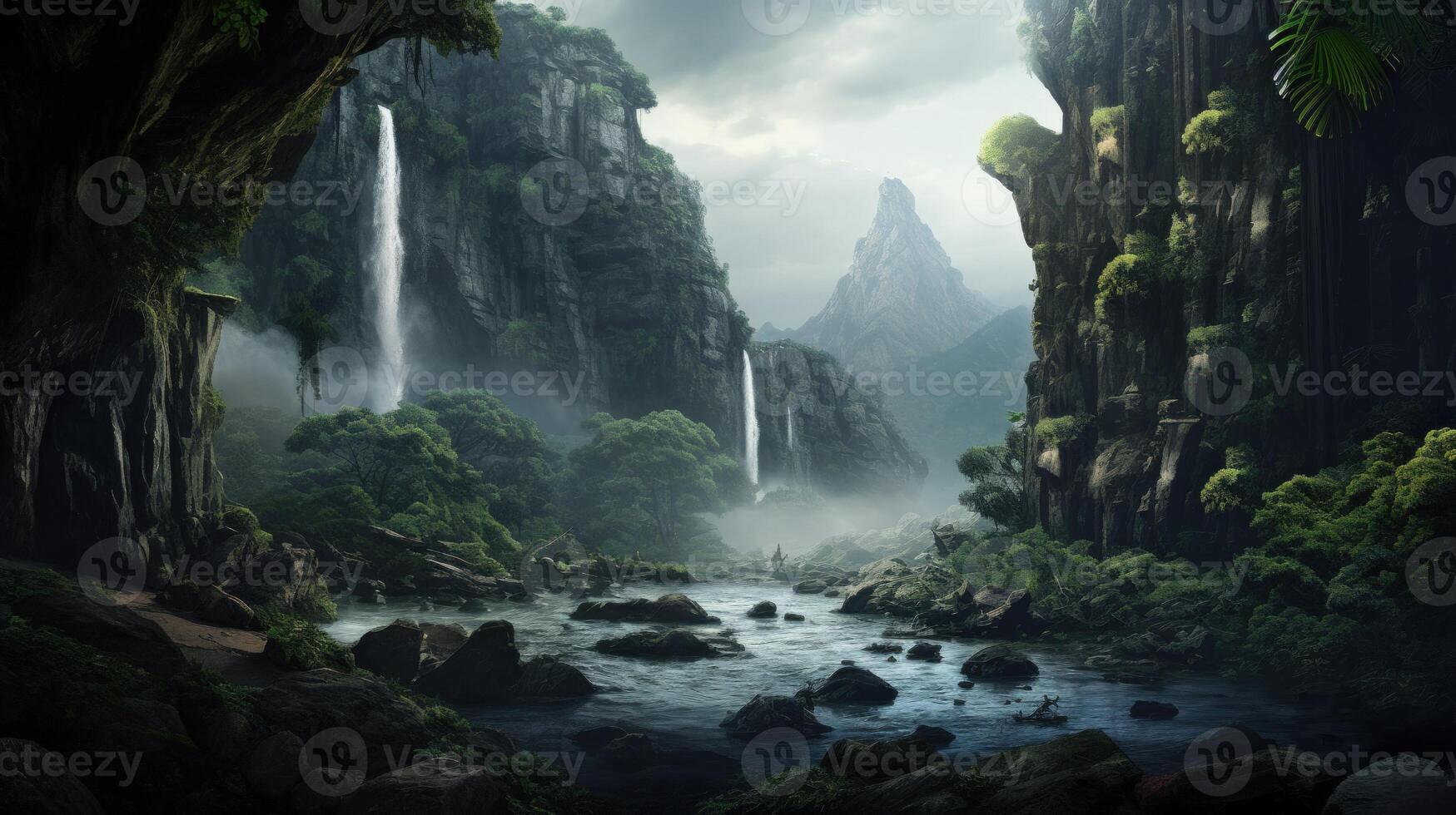 A winding river flows through a lush jungle, surrounded by towering cliffs and cascading waterfalls. photo