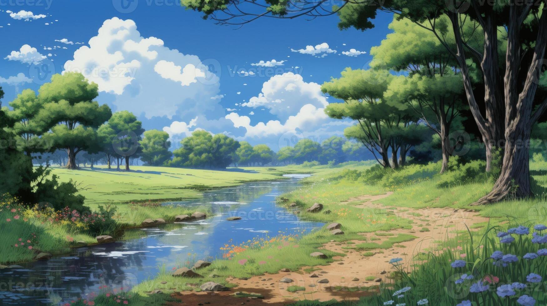 A winding stream flows through a lush green meadow with a dirt path alongside it, with vibrant wildflowers in bloom along the banks. photo